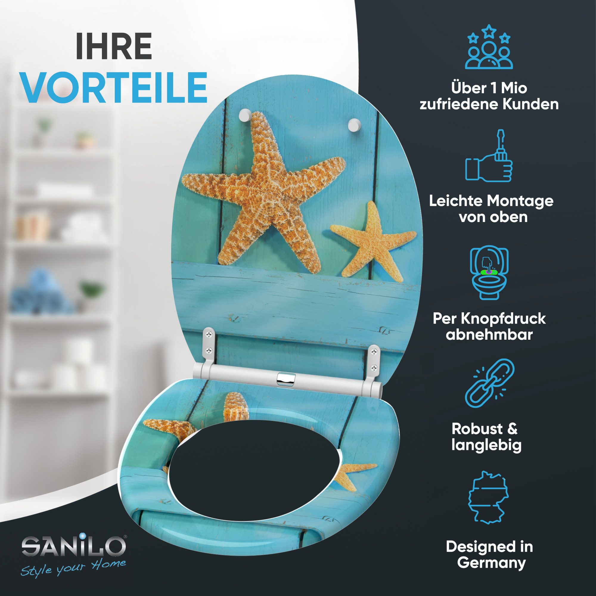 Sanilo WC-Sitz Starfish mit Absenkautomatik & Quick Release, mit Absenkautomatik, hochwertig & modern, universell, leichte Montage