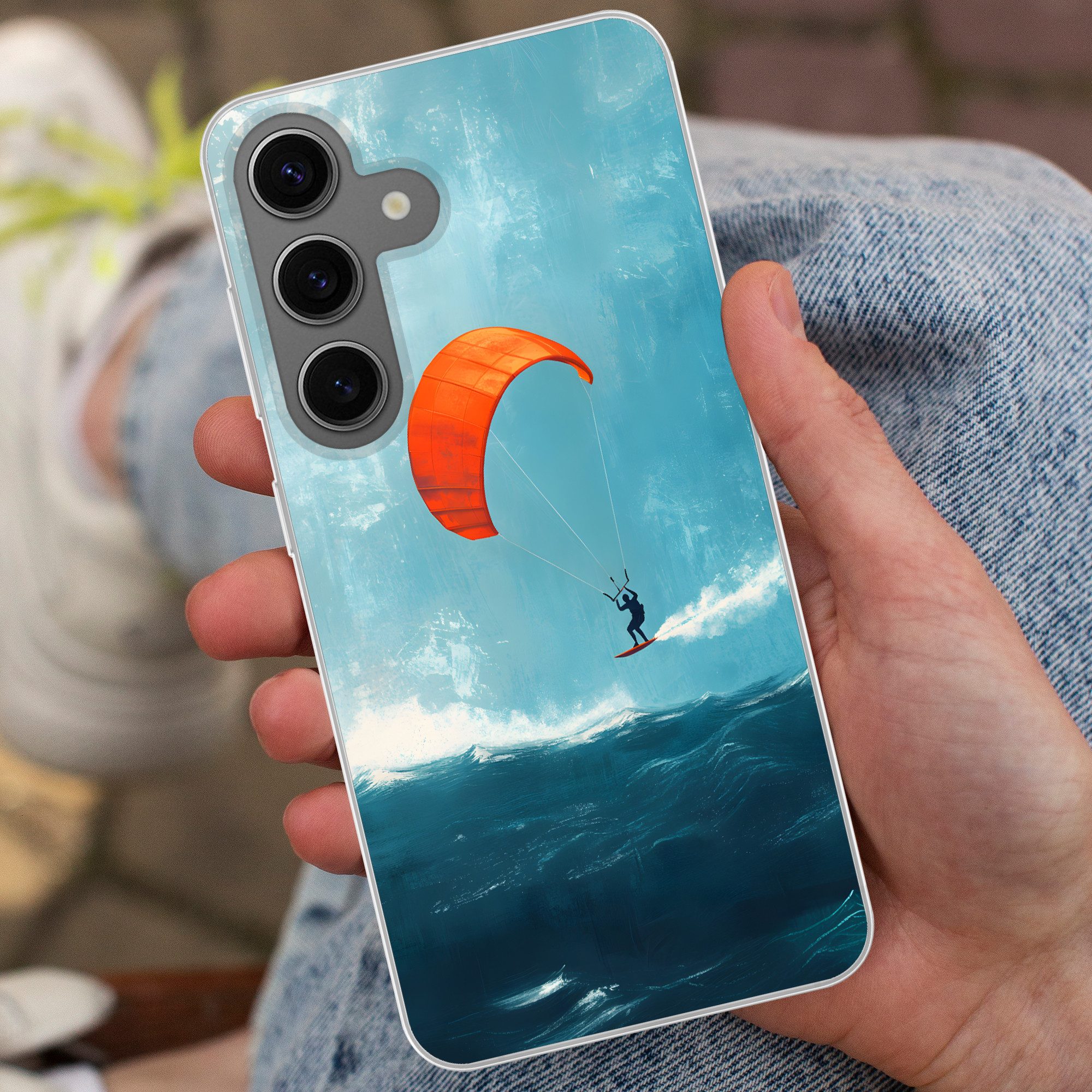 MuchoWow Handyhülle für Samsung Galaxy S24 Kitesurfer - Orange - Meer - Himmel, Phone Case, Silikon, Schutzhülle Dünn