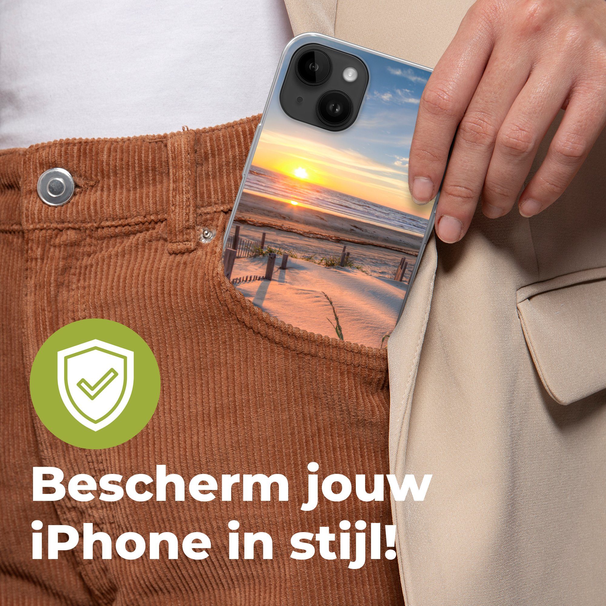 MuchoWow Handyhülle für Apple iPhone 14 Plus Strand - Meer - Düne - Sonnenuntergang - Land, Smartphone-Bumper, Print, Handy Schutzhülle Dünn