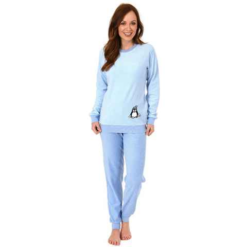Normann Pyjama Damen Frottee Pyjama langarm mit Bündchen und süßem Pinguin Motiv