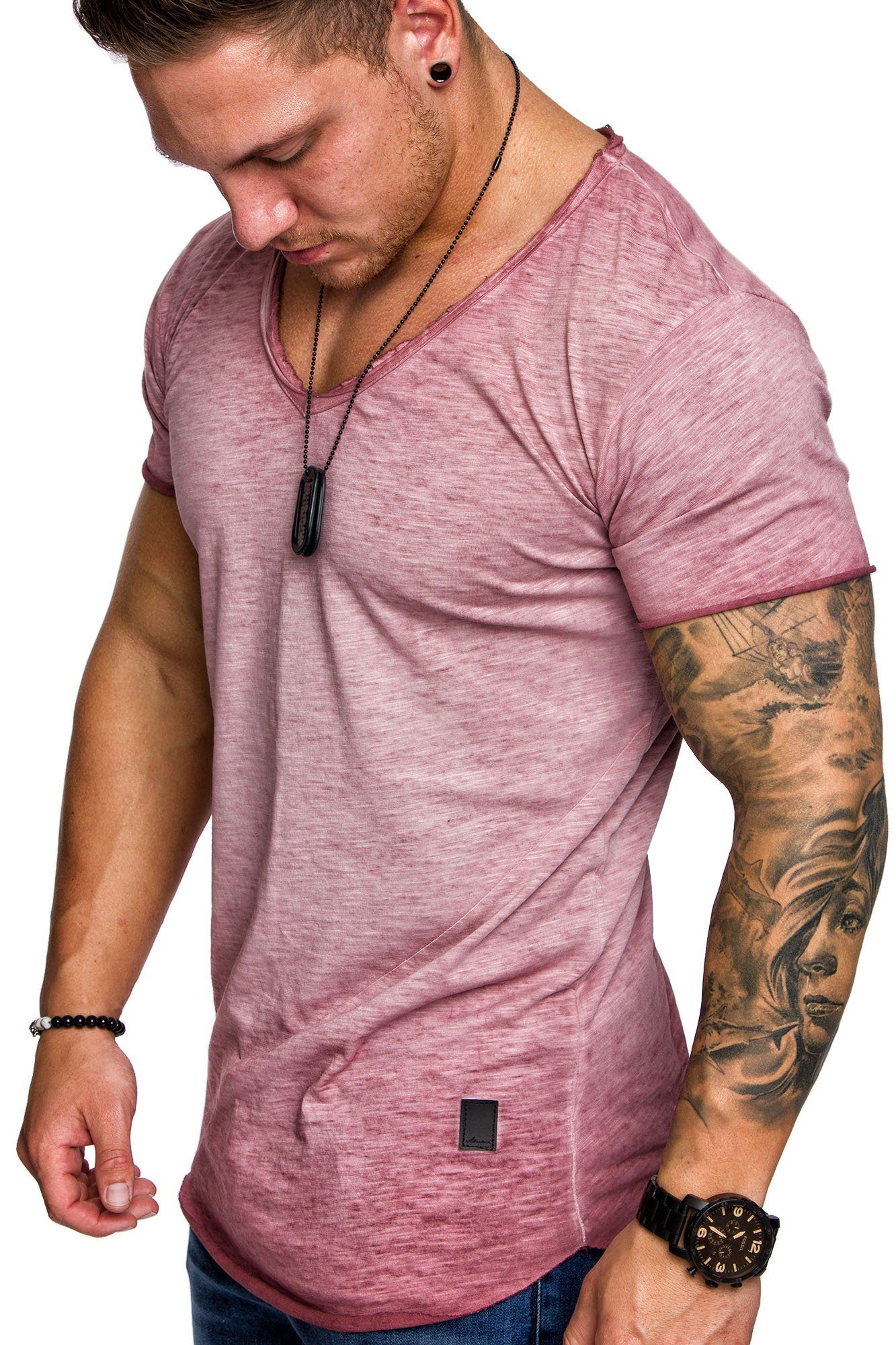 Amaci&Sons T-Shirt NYC Basic Oversize T-Shirt mit V-Ausschnitt Herren Oversize Vintage Verwaschen V-Ausschnitt Shirt