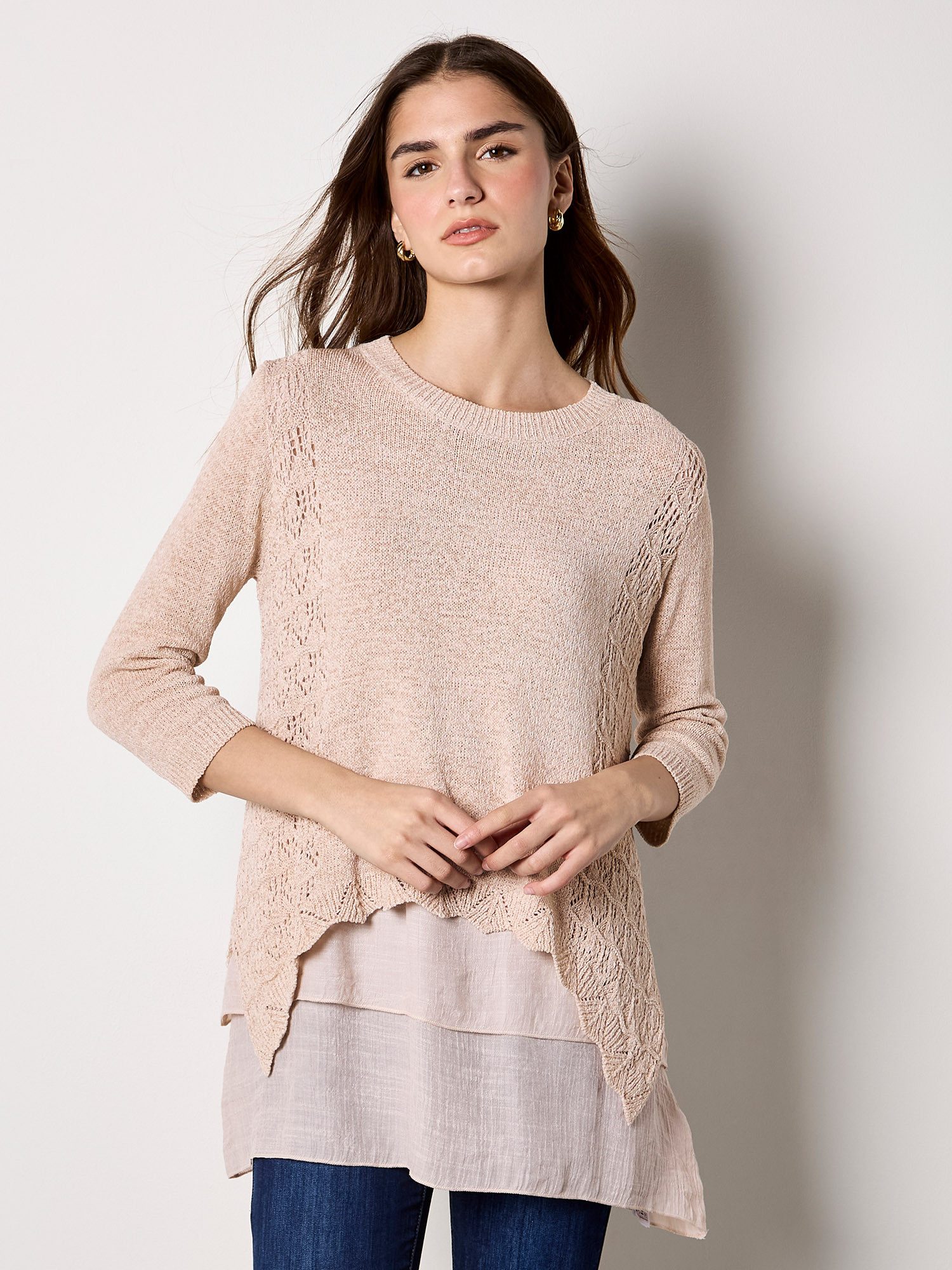 Apricot Spitzenshirt Shimmer Mesh Layered Tunic Top Strukturierte Oberfläche