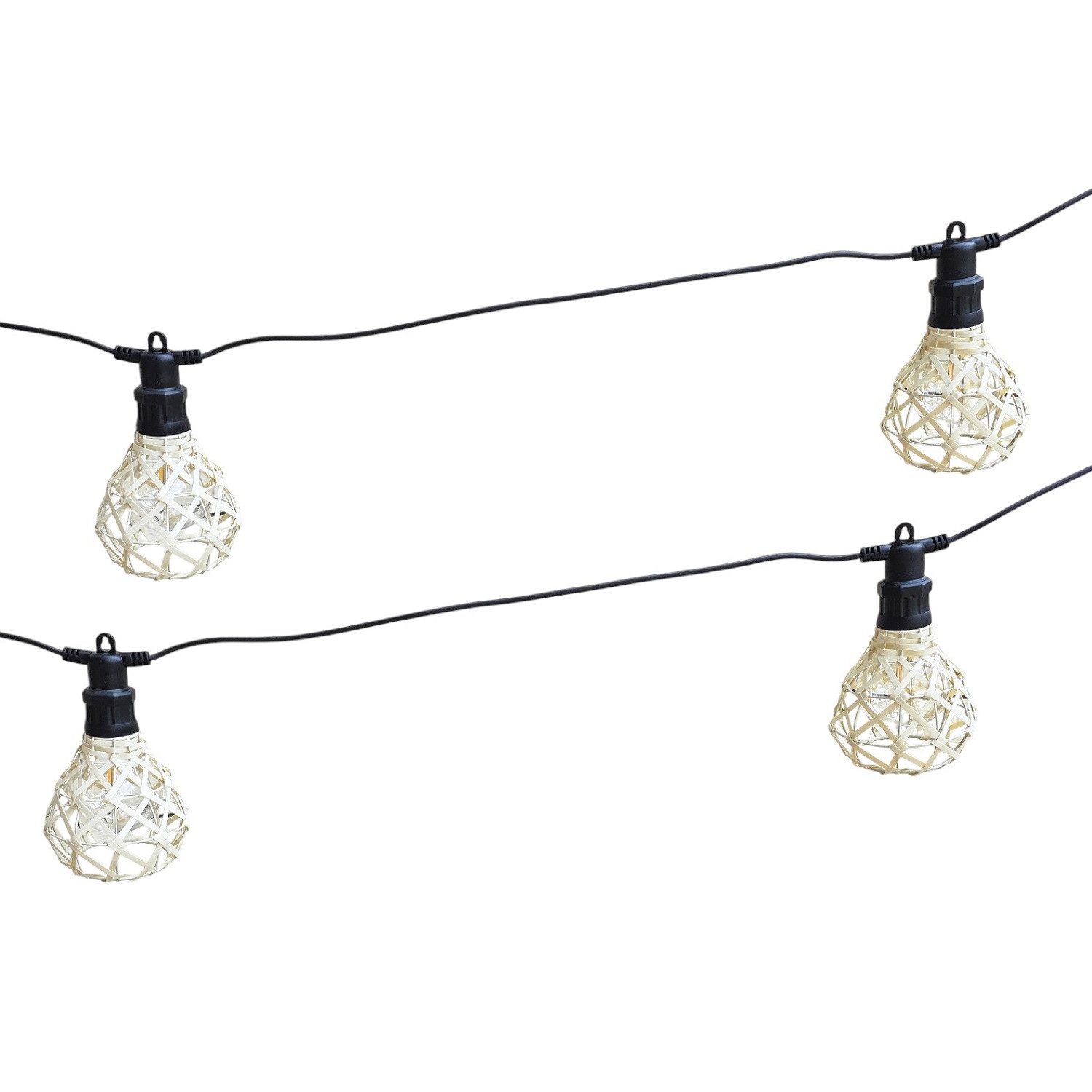 Macosa Home Lichterkette Rattan 6-flammig warmweiß IP44 für Außen & Innen Boho, Lichterkette 5m mit Natur-Lampenschirmen