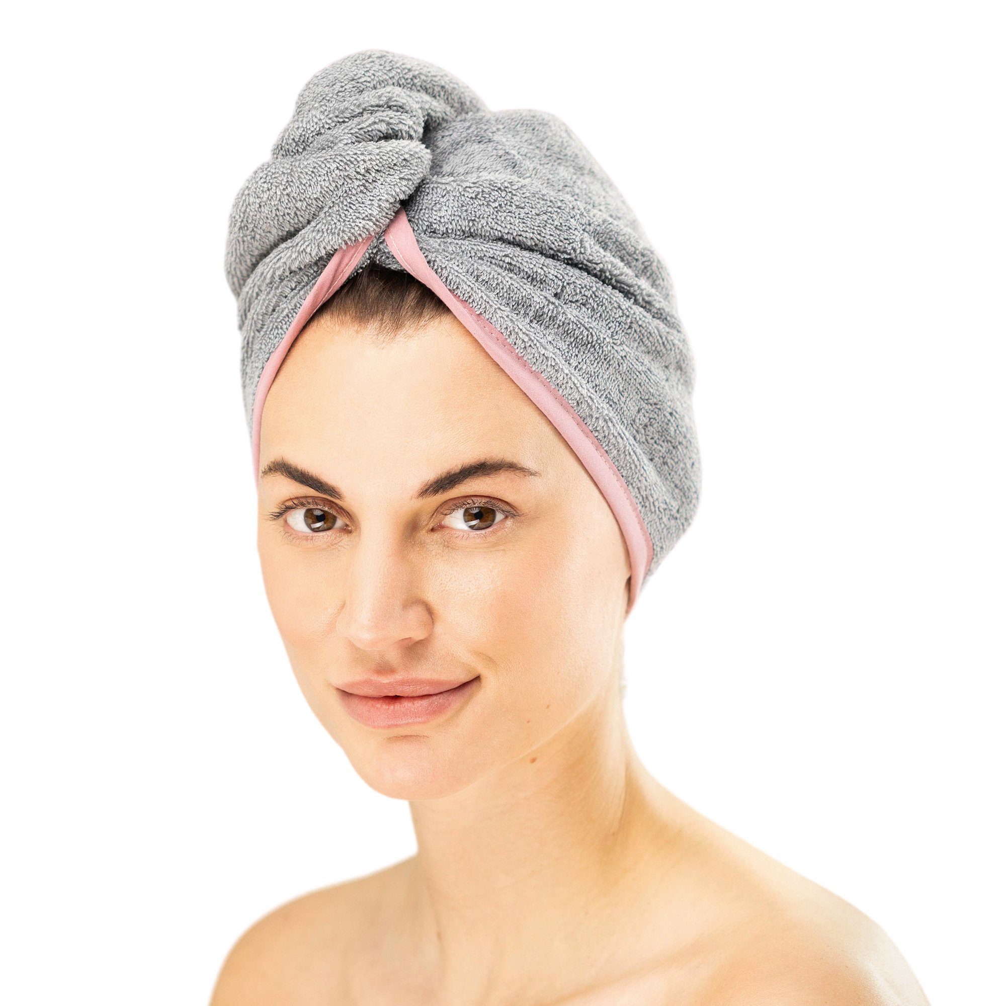 HOMELEVEL Turban-Handtuch 2x Frottee Haarturban mit Knopf - 100% Baumwolle - Grau, (2-St) Hellgrau