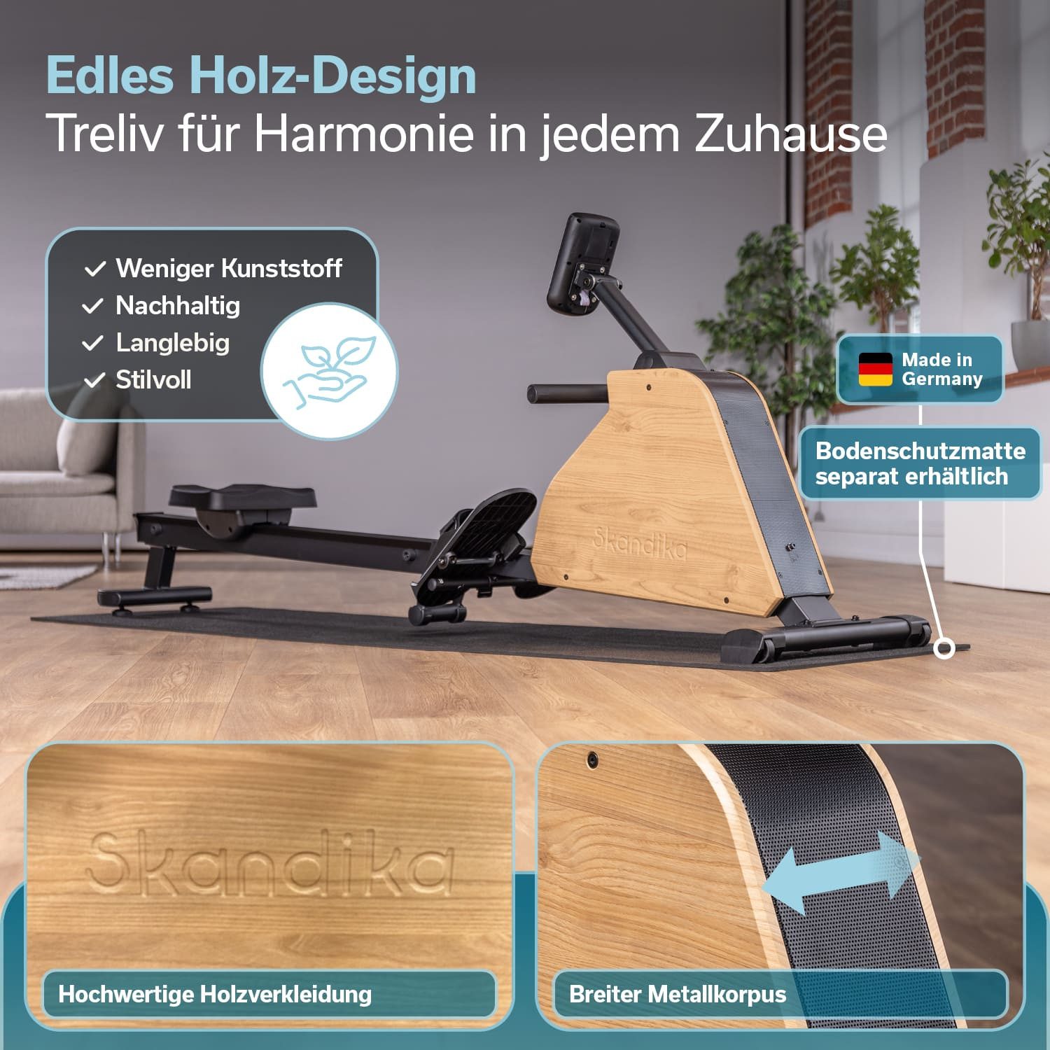 Skandika Rudergerät für Zuhause klappbar Treliv P6, Rahmen aus Eisen, Bluetooth (Krafttraining, Elemente in hochwertigem Holzdesign, Magnetbremse), Tablethalterung, Transportrollen, 16 Stufen, Kinomap App kompatibel