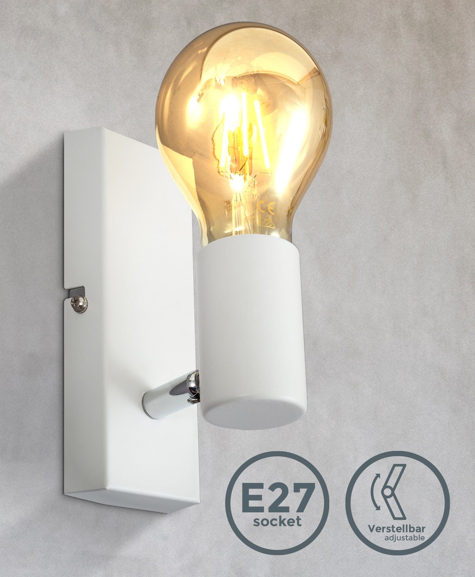 E27-Fassung, ohne Wandleuchte 60W) Innen, Wandstrahler, B.K.Licht ohne Leuchtmittel, Retro, Wandlampe Vintage, Flurlampe, Leuchtmittel BK_DS1359 Weiß, (max.