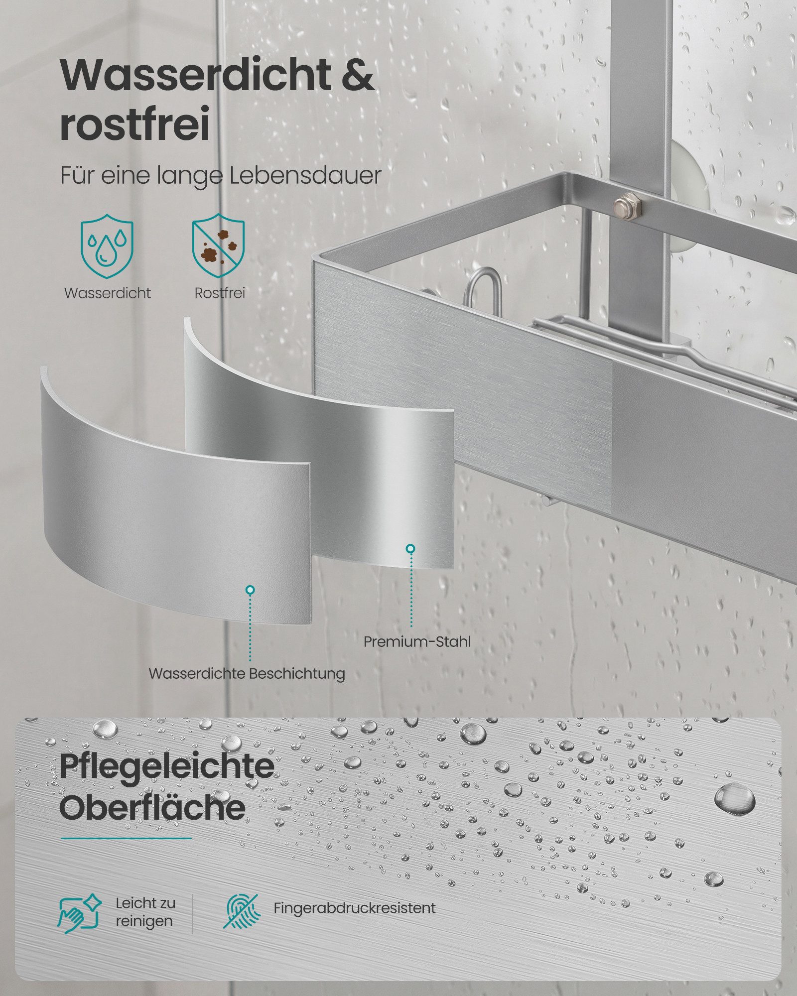 SONGMICS Duschablage Duschregal, ohne Bohren, rostfrei, aus Stahl, Shampoo Halterung, Badezimmer Organizer, 31,5 x 15,5 x 56 cm, 1er Set