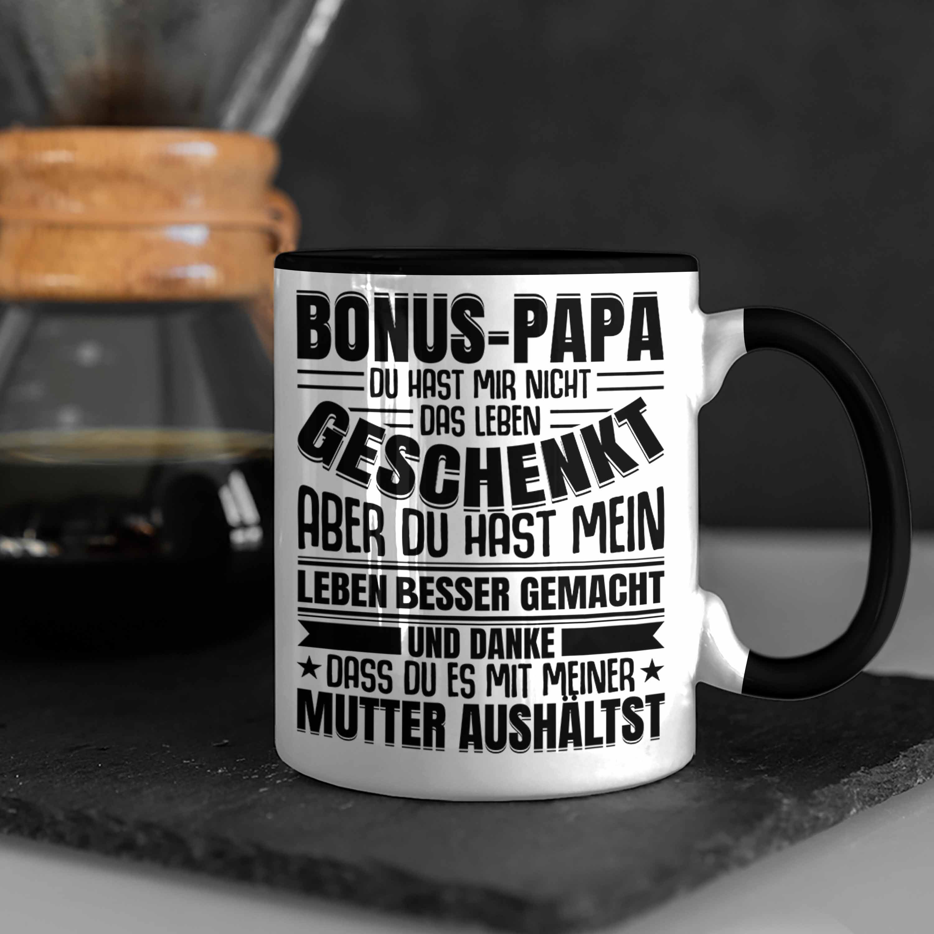 Geschenk Tasse Vatertag Geschenkidee Lustiger Stiefvater Stiefpapa - Trendation Tasse Bonus Spruch Schwarz Trendation