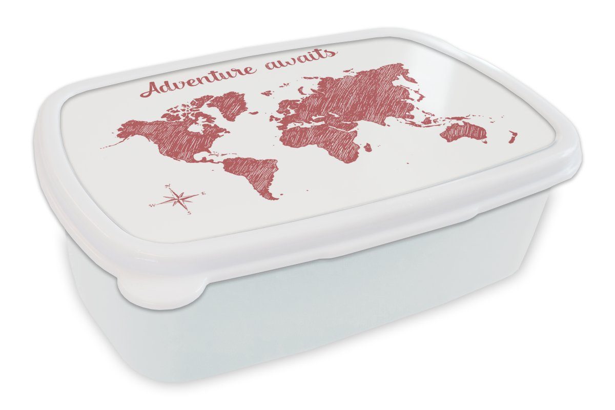 MuchoWow Lunchbox Weltkarte - Rot - Zitat, Kunststoff, (2-tlg), Brotbox für Kinder und Erwachsene, Brotdose, für Jungs und Mädchen weiß