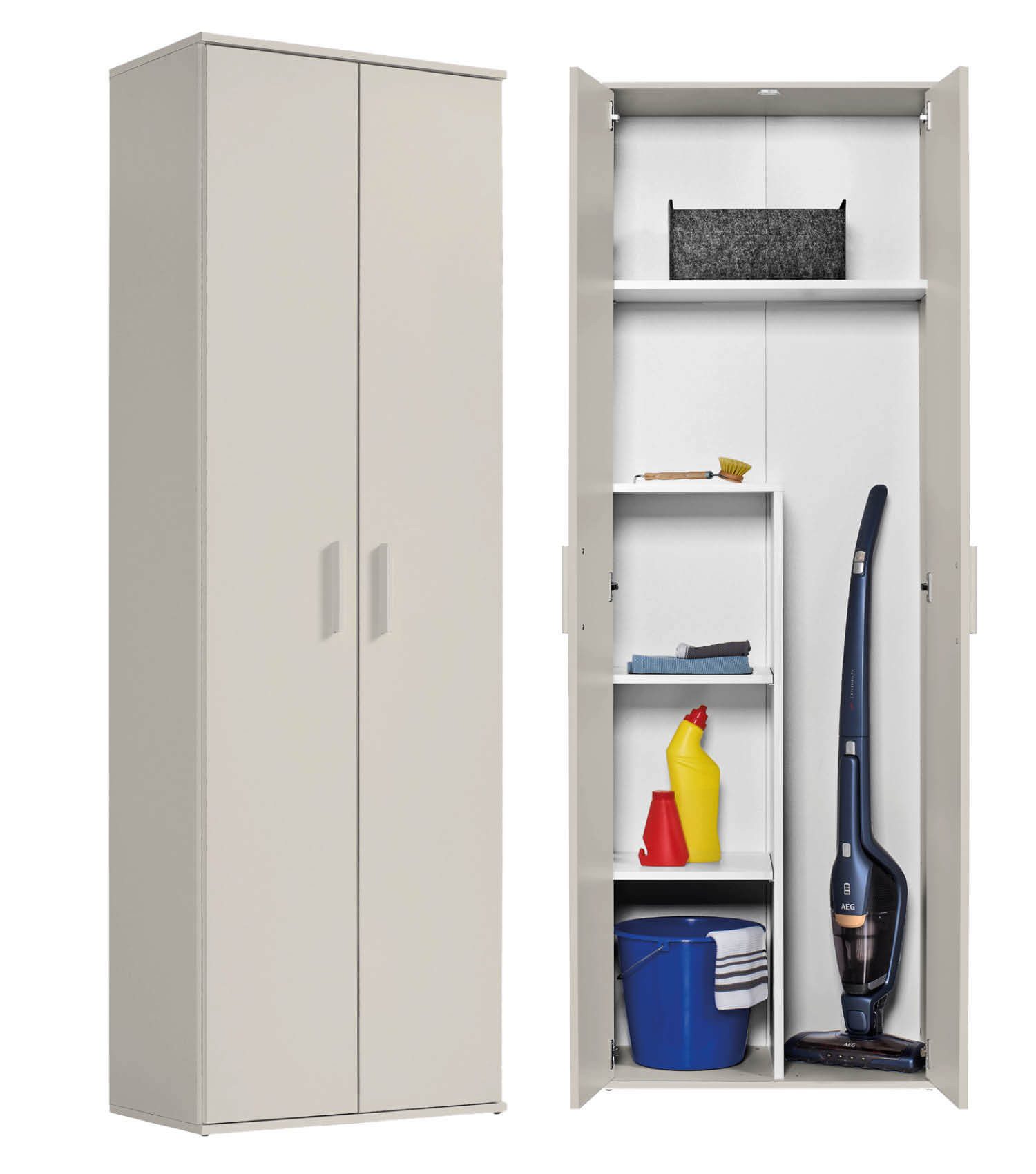 mokebo Mehrzweckschrank Der Lange (60x180 cm, mit Staubsaugerfach) Besenschrank, Putzschrank, Flurschrank, Haushaltsschrank in Beige Grau