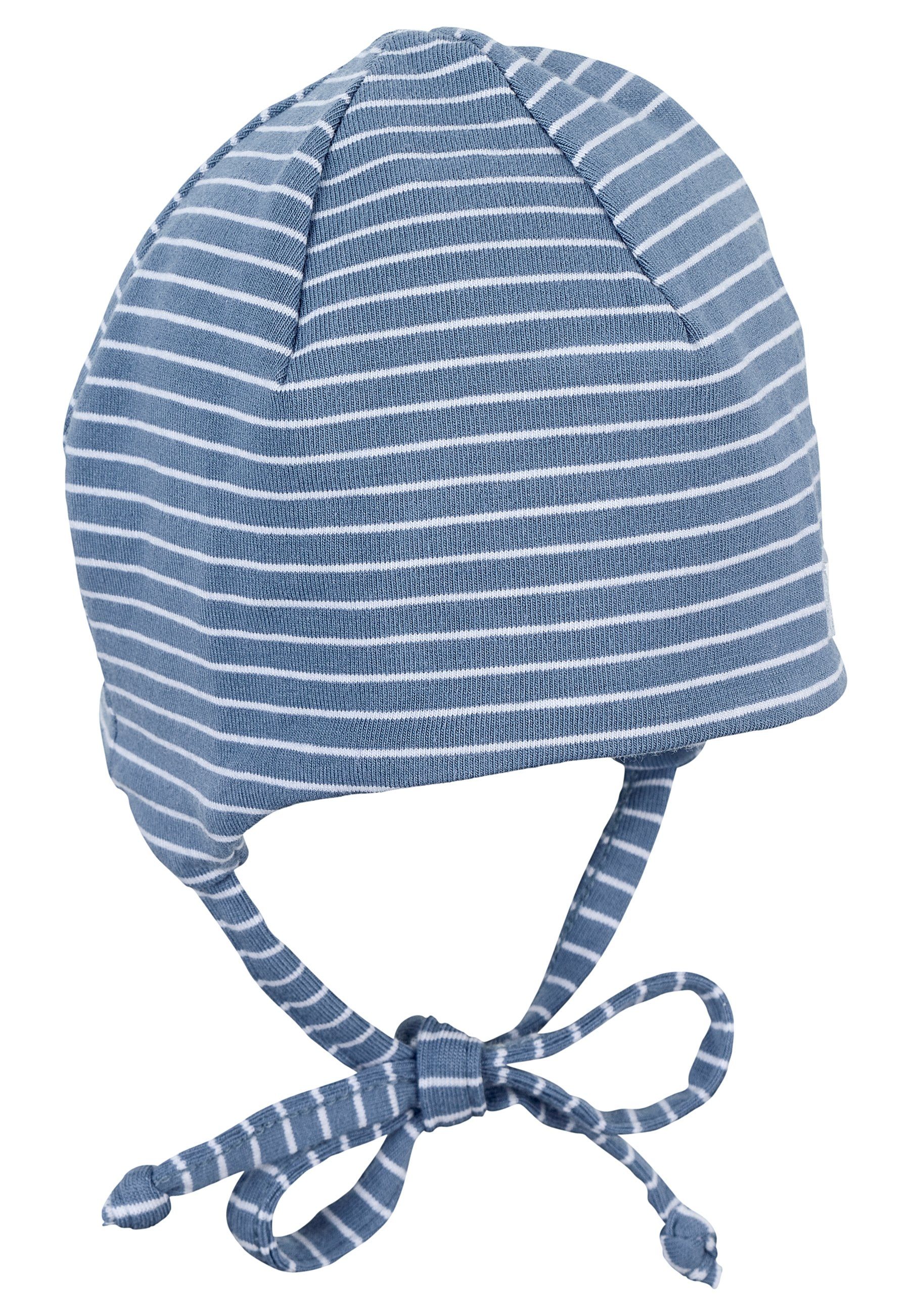 mit Mütze (1-St., Sterntaler® OCS ohne tragbar mit Babymütze Bindeband aus Kinder Beanie und Baumwolle Umschlag) mit samtblau und Schlupfmütze Ringeln Ohrenklappen