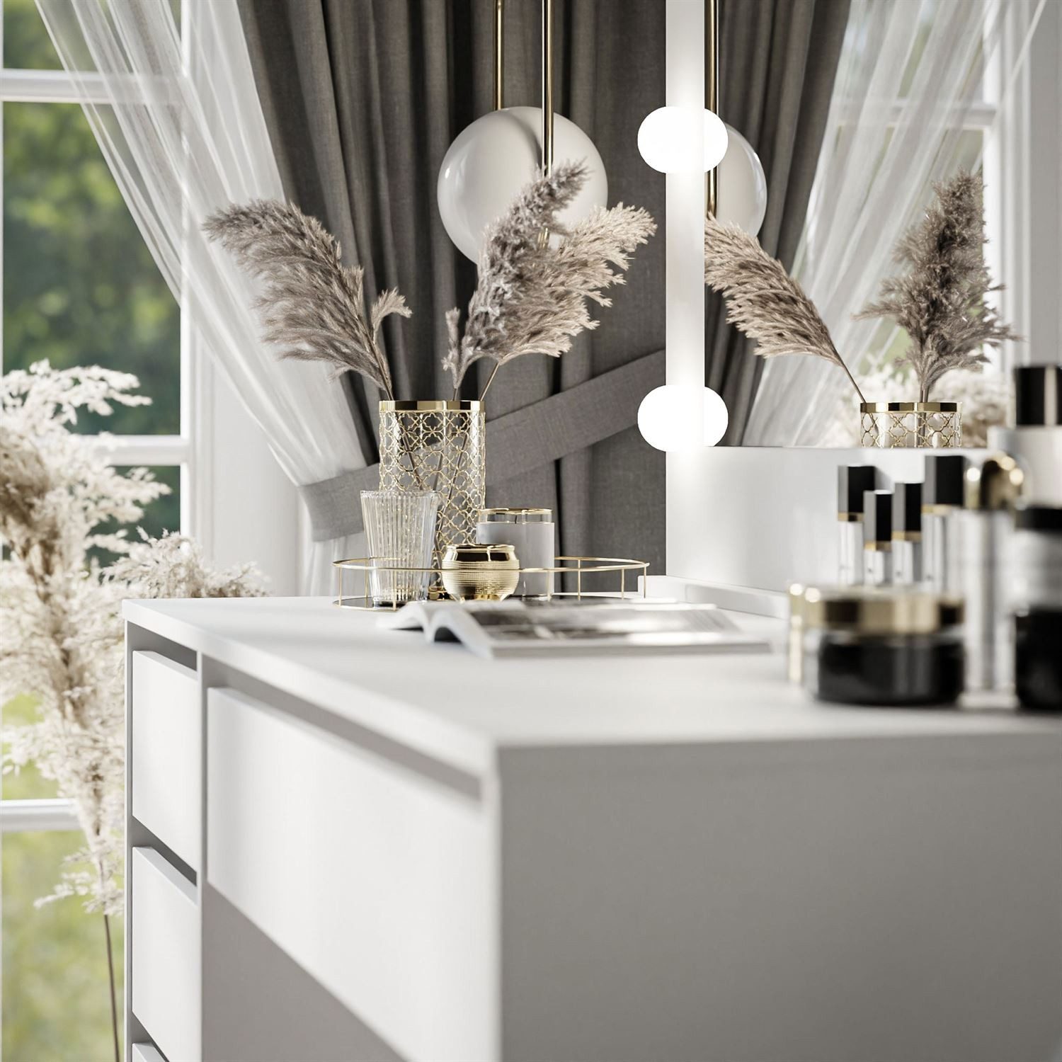 ALLHOUSE24 Schminktisch HOLLYWOOD Spiegel und Glühbirnen weiß Glanz/weiß Schreibtisch, Breite 120 cm