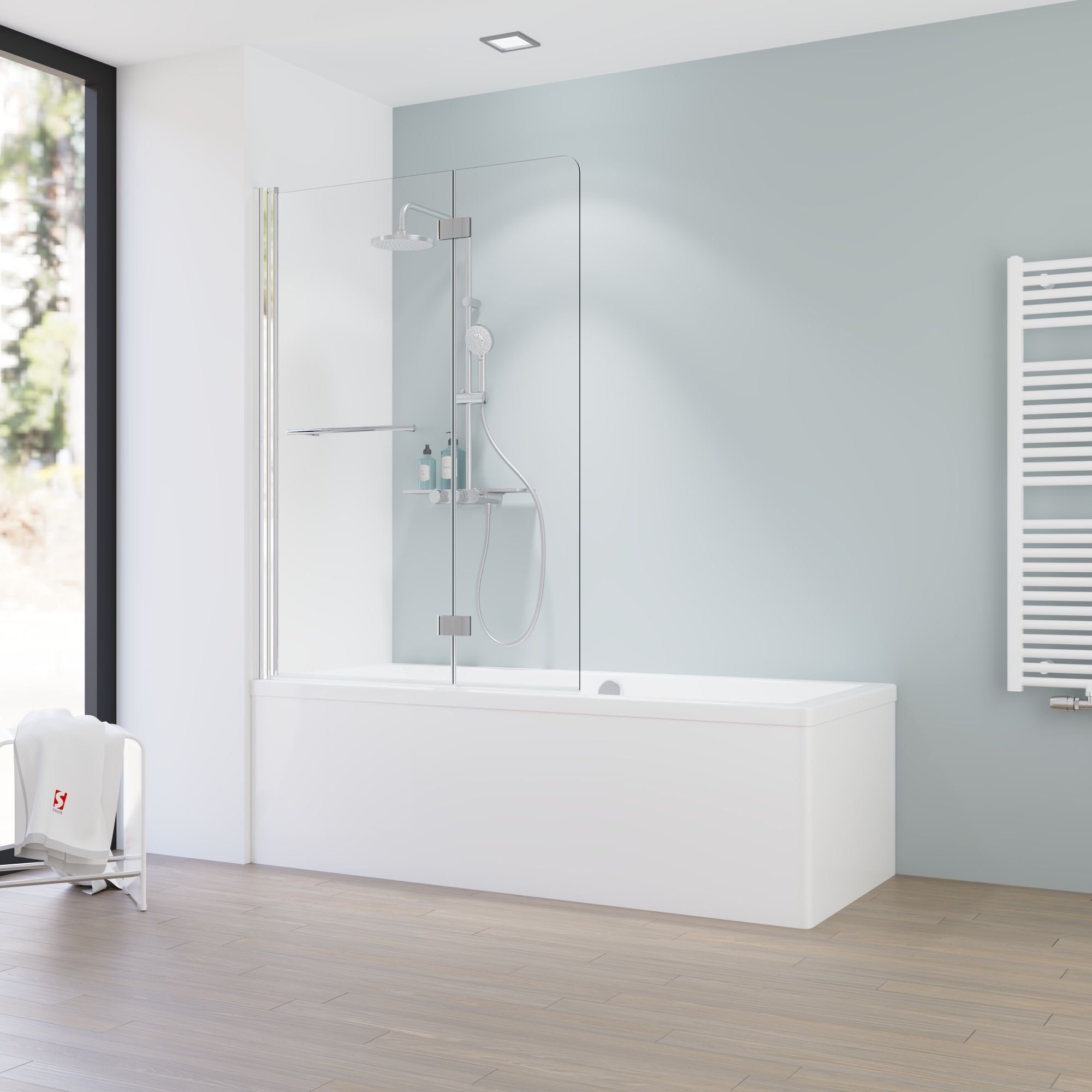 Schulte Badewannenfaltwand New Style, Sicherheitsglas, (2 tlg), Klar Hell, 112 x 150 cm, mit Handtuchhalter, Profil Chromoptik