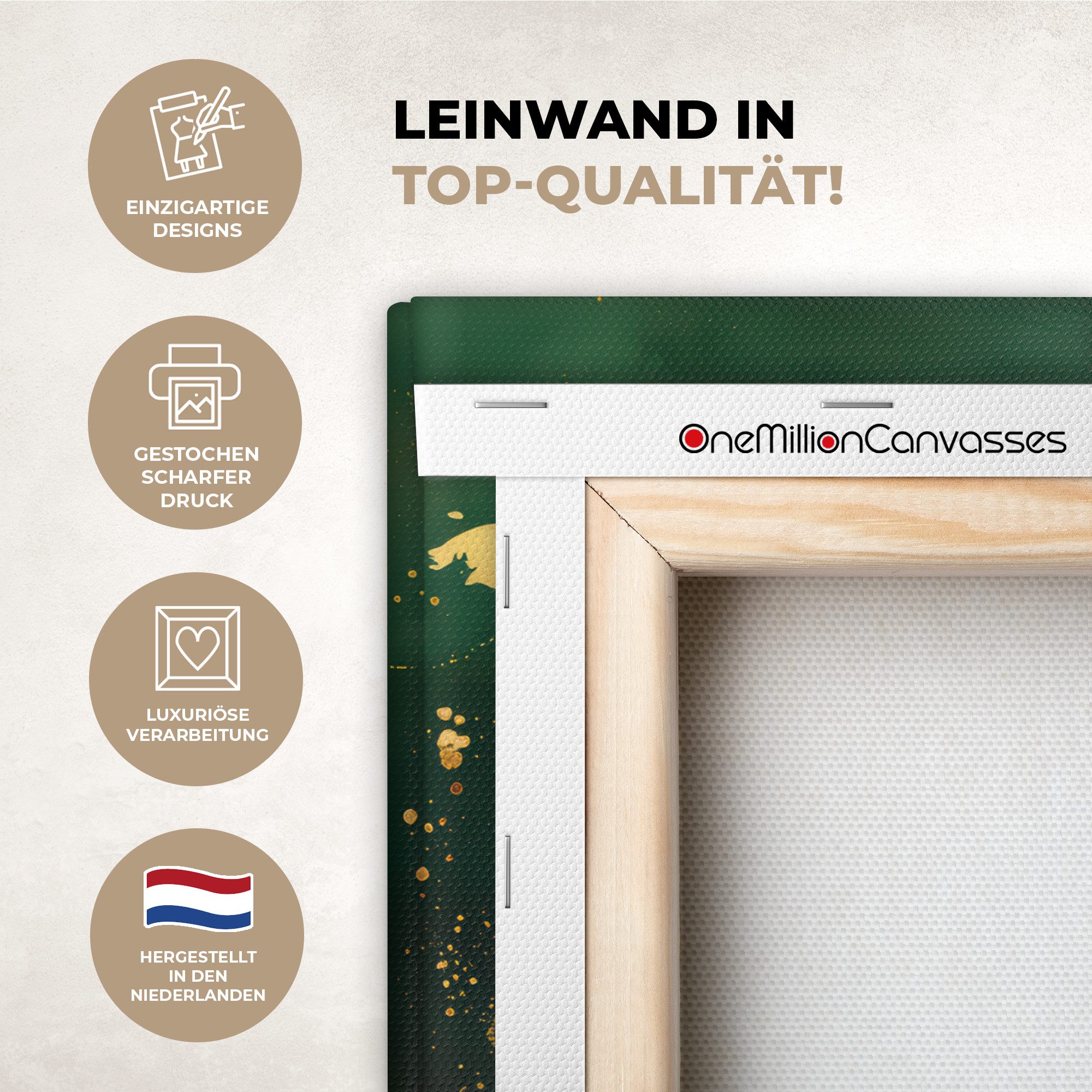 OneMillionCanvasses® Leinwandbild Weltkarte - Grün - Gold, Fotodruck (1 St), Leinwand Bilder Klein, Wand Dekoration Aesthetic 30x20 cm