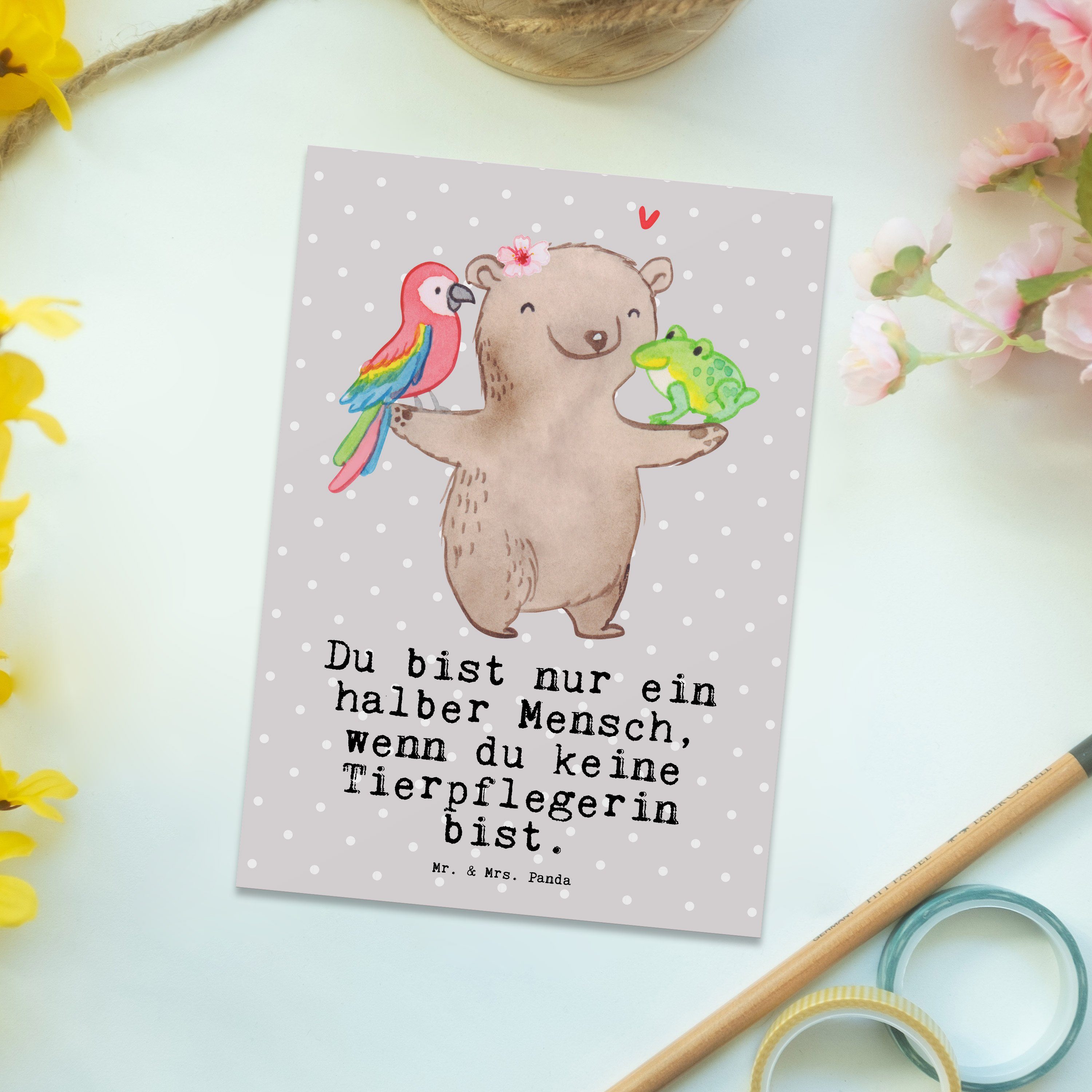 Pastell Mrs. Geschenk, Panda Herz & Mr. Grau - Karte, Dankeschön mit Postkarte - Tierpflegerin