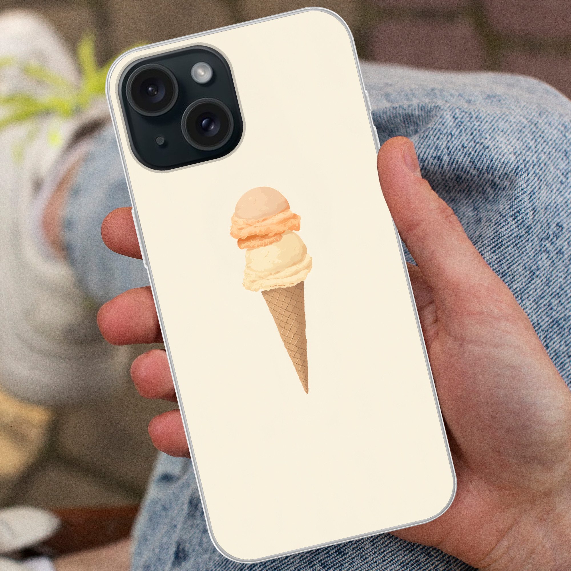 MuchoWow Handyhülle für Apple iPhone 15 Minimalist - Schaufel Eiscreme - Horn - Beige, Smartphone-Bumper, Print, Handy Schutzhülle Dünn