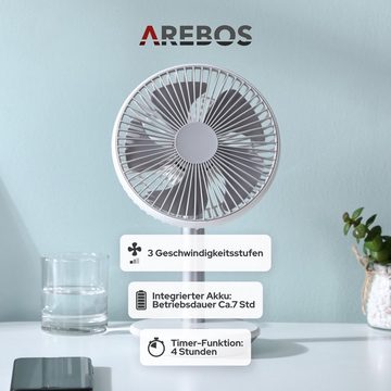 Arebos Tischventilator USB-Tischventilator mit Timer, wiederaufladbarer 2500 mAh