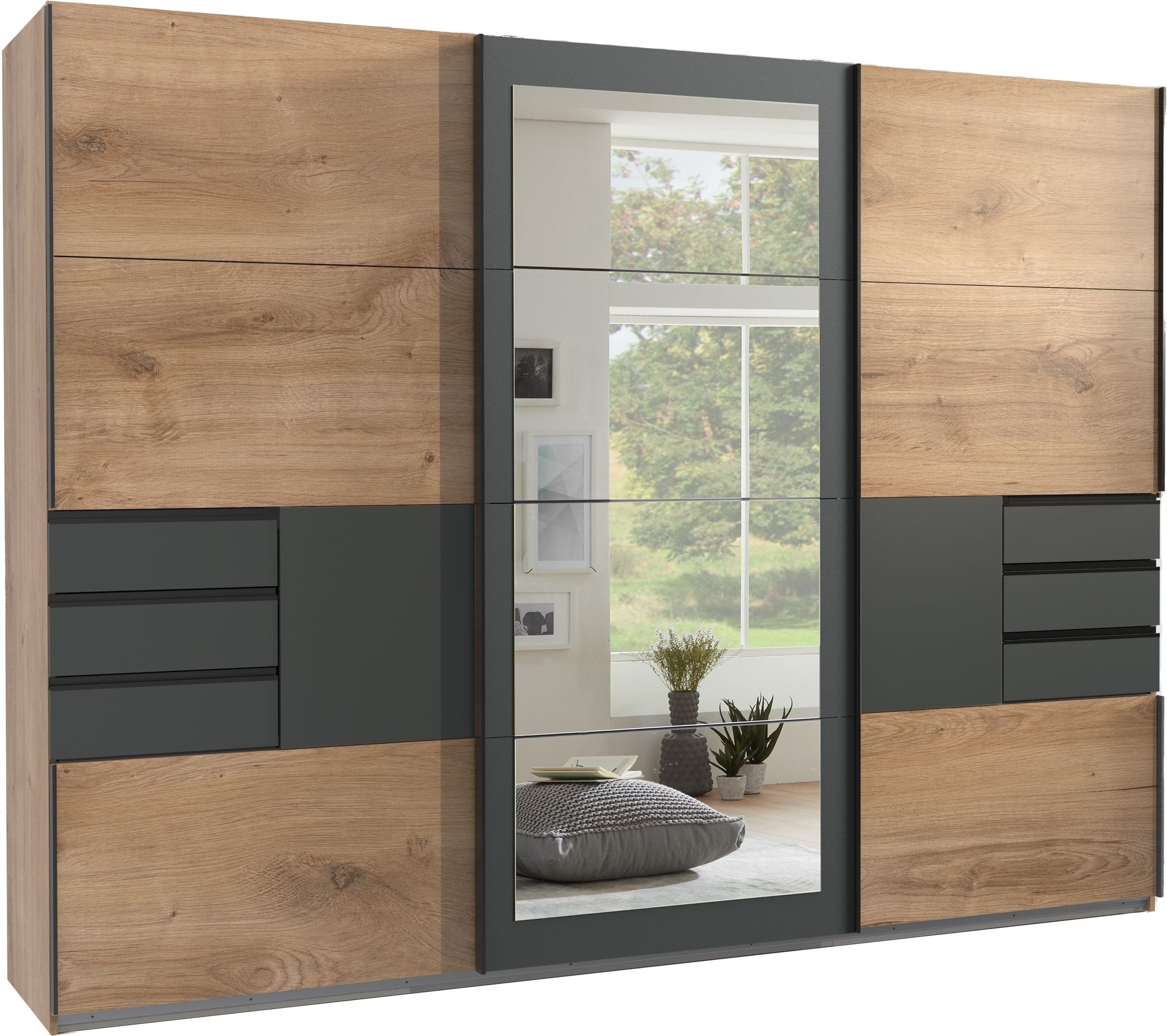 freiraum Schwebetürenschrank LUZERN in EICHE DEKOR + GRAPHIT + SPIEGEL - 270x208x64cm (BxHxT)