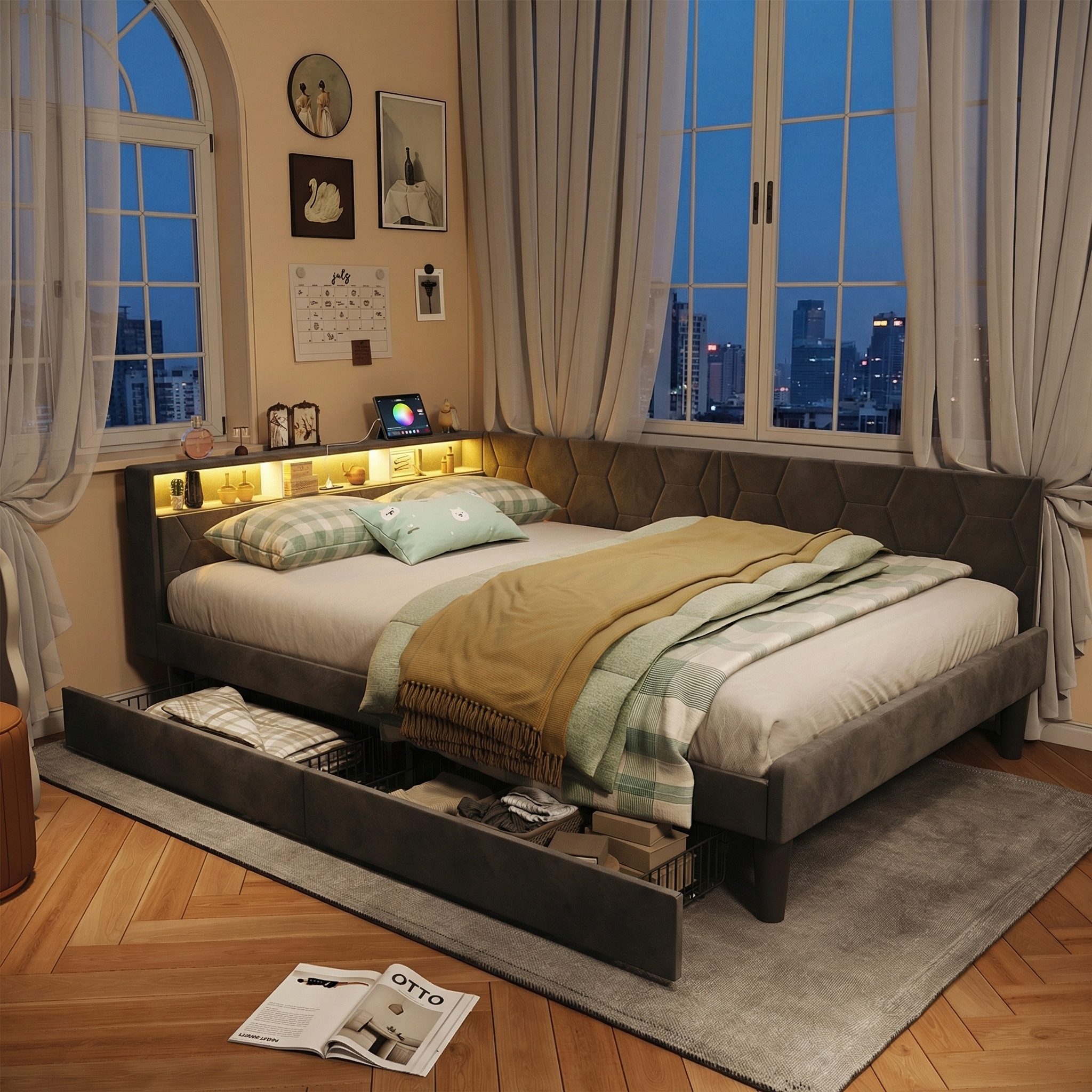 Furnishings Home Polsterbett Daybett Tagesbett LED (Geeignet für Jungen und Mädchen), Mit 2 Schubladen, LED-Beleuchtung, Ladefunktion, Samt