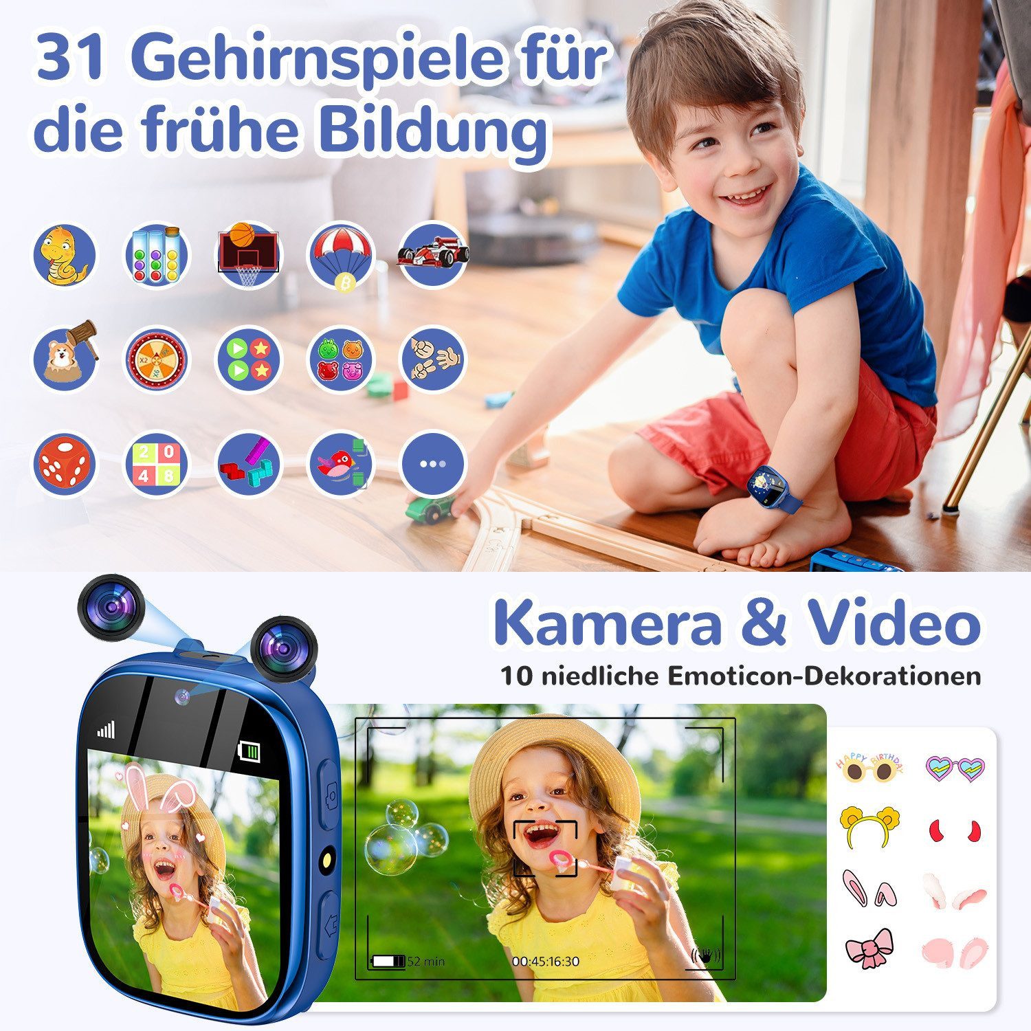 SWGOTA 800mAh 2G Smartwatch Kinder mit Telefonfunktion,Unterstützung für SOS Smartwatch (1,83 Zoll) mit 31 Spiele, Schulmodus,Foto,Video,Wecker, IP68 Fitness Tr – Bild 3 von 5
