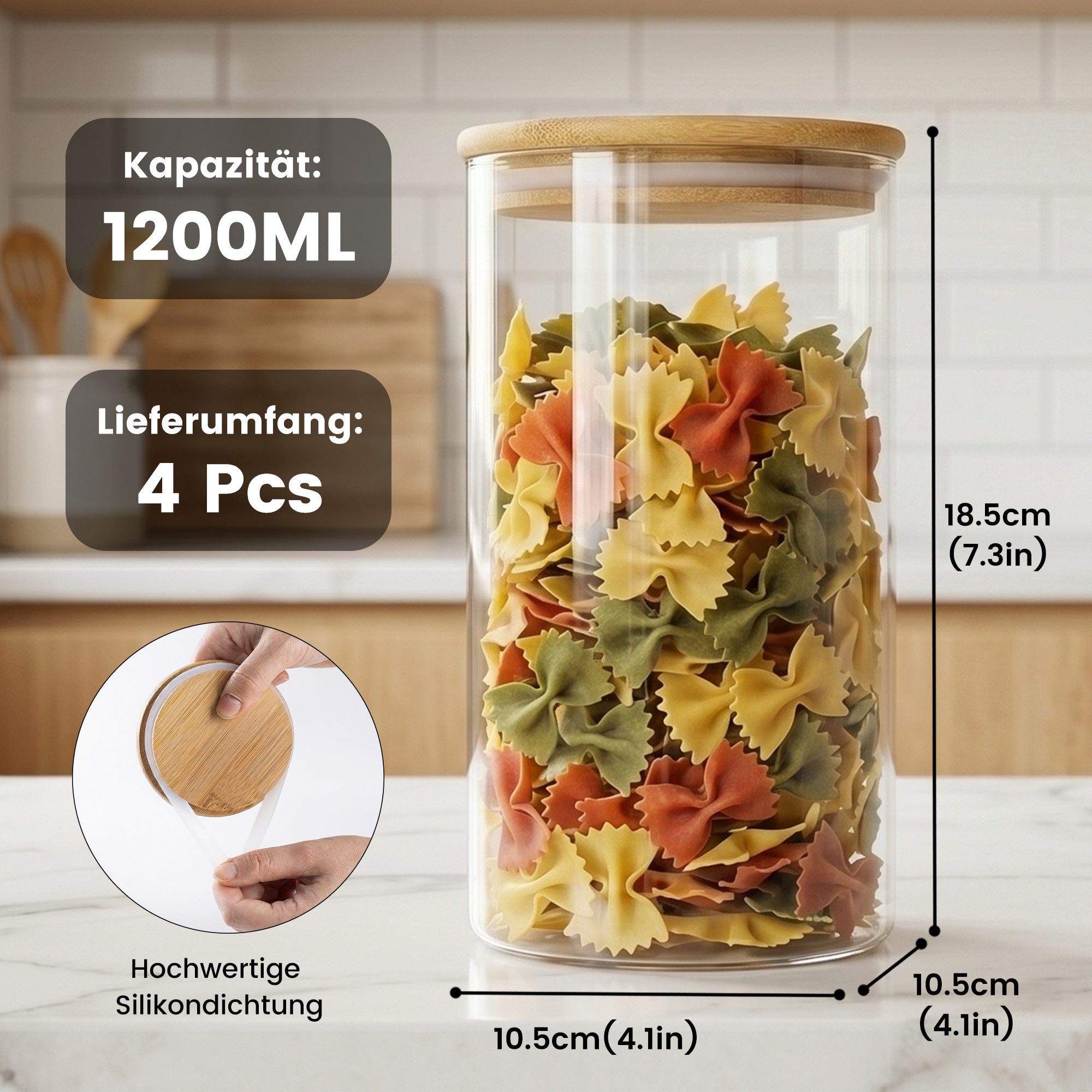 DAITORE Vorratsglas 4-Tlg 1200 ML Vorratsgläser mit Deckel Luftdicht, (4-tlg), Glasbehälter Vorratsgläser Mit Holzdeckel, Aufbewahrungsgläser Küche – Bild 4 von 5