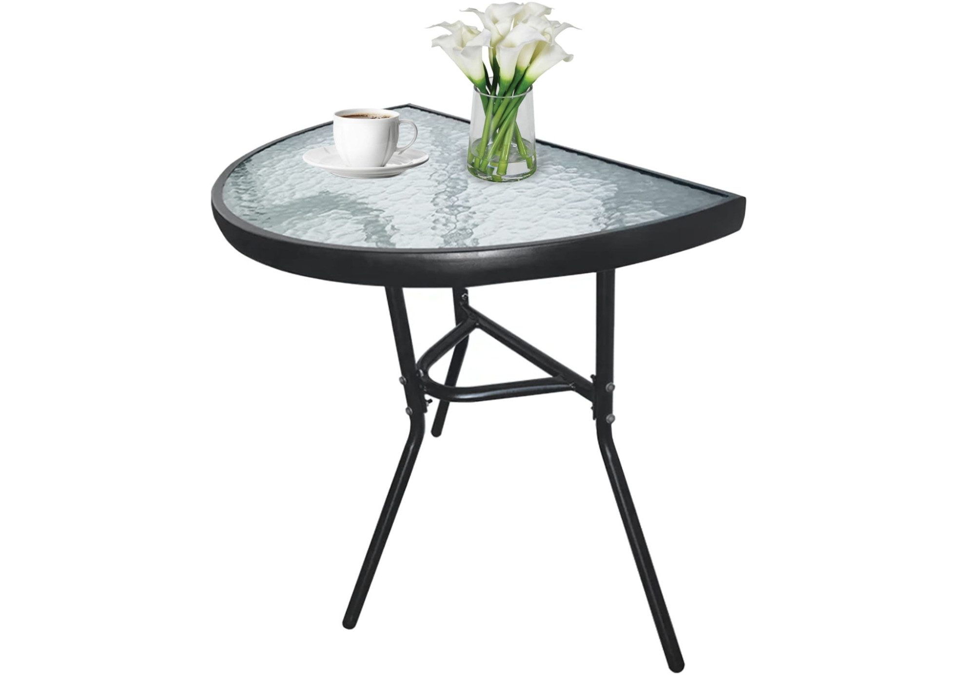Home Collective Gartentisch Bistrotisch, Glasplatte & schwarzes Metallgestell, Halbrund 70x40x68.5 cm, Schwarz