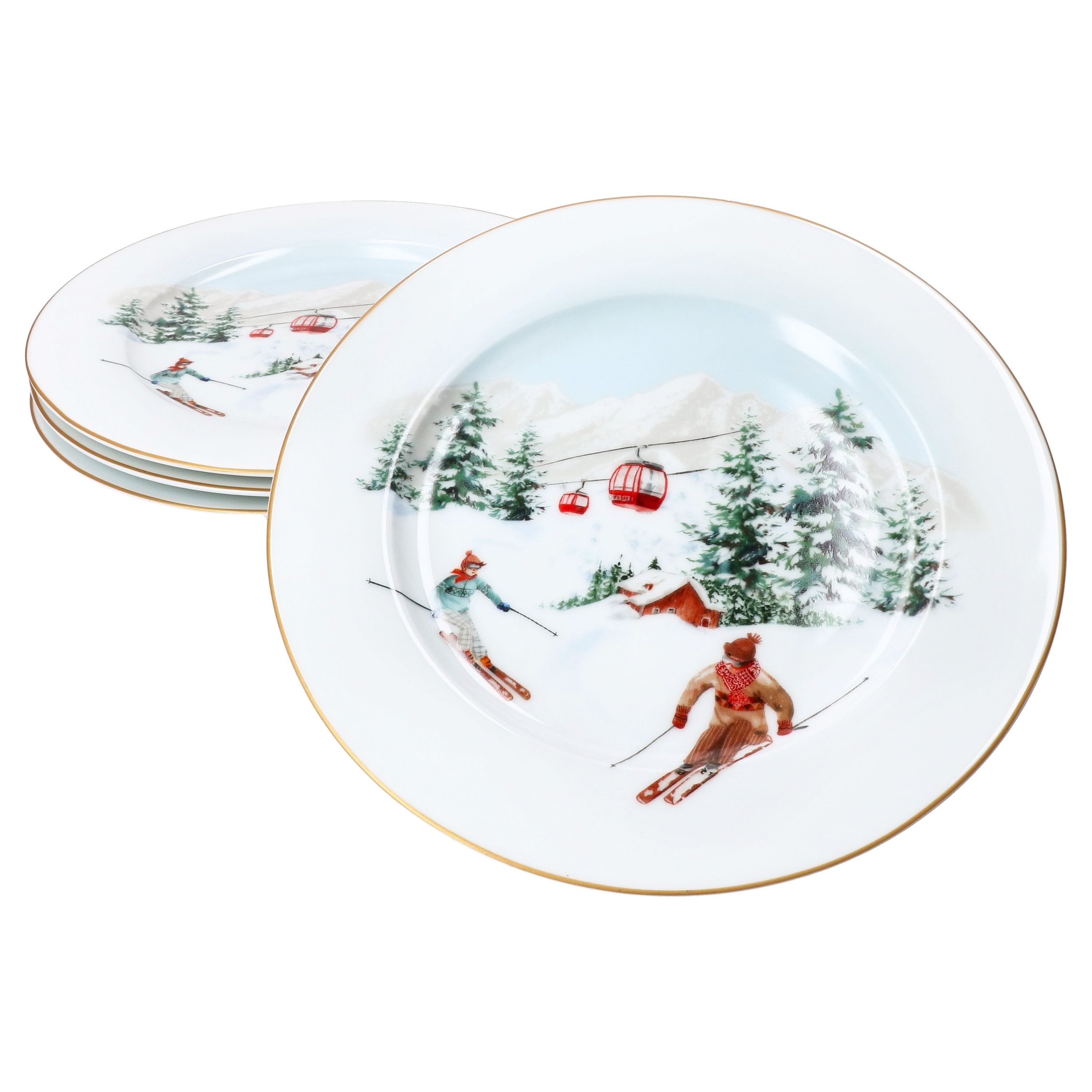 Frühstücksteller 4x Chalet Kuchenteller 4 Personen Porzellan Dessert-Teller Ski Alpen