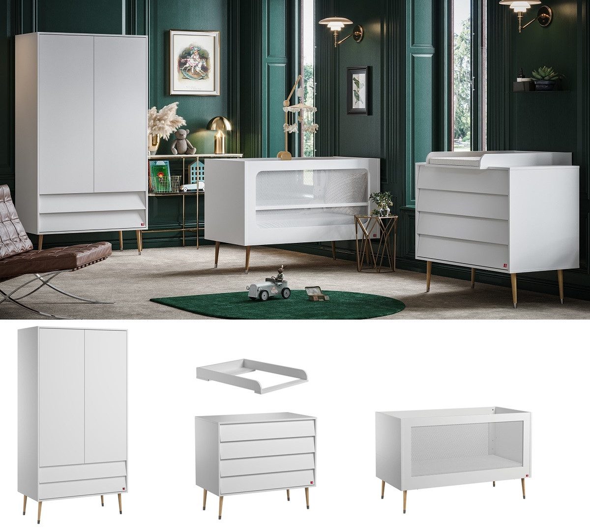 QMM TraumMöbel Babyzimmer-Komplettset Babyzimmer komplett Set Bonny Kleiderschrank Kommode Wickelaufs Bett, (Set, 4-tlg., Kleiderschrank; Kommode; Wickelaufsatz; Kinderbett)