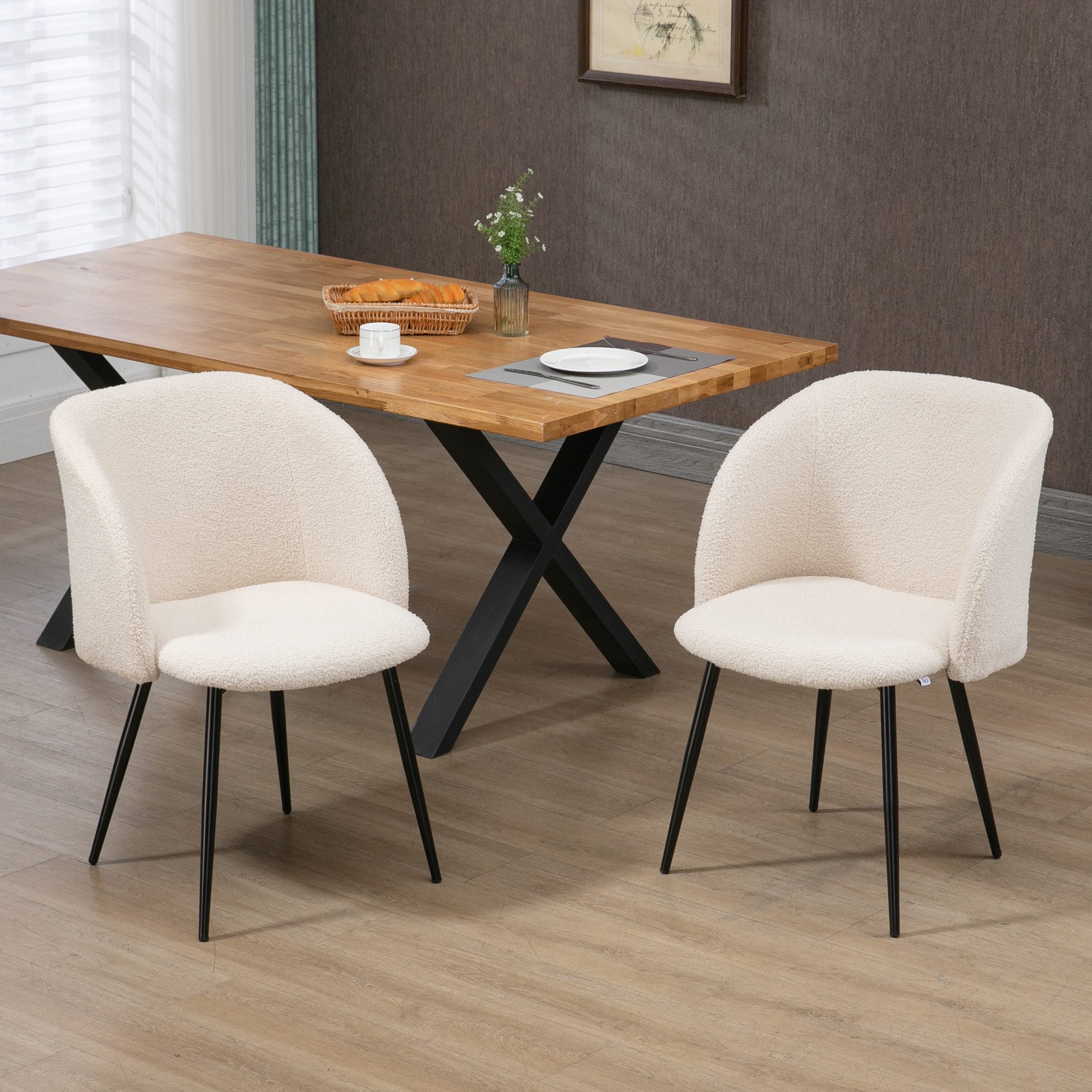 HOMCOM Esszimmerstuhl Küchenstuhl mit Rückenlehne, Lammwoll-Optik, modern Polsterstuhl (2er Set Esszimmerstühle, 2 St), Stühle für Esstisch Esszimmer, Cremeweiß