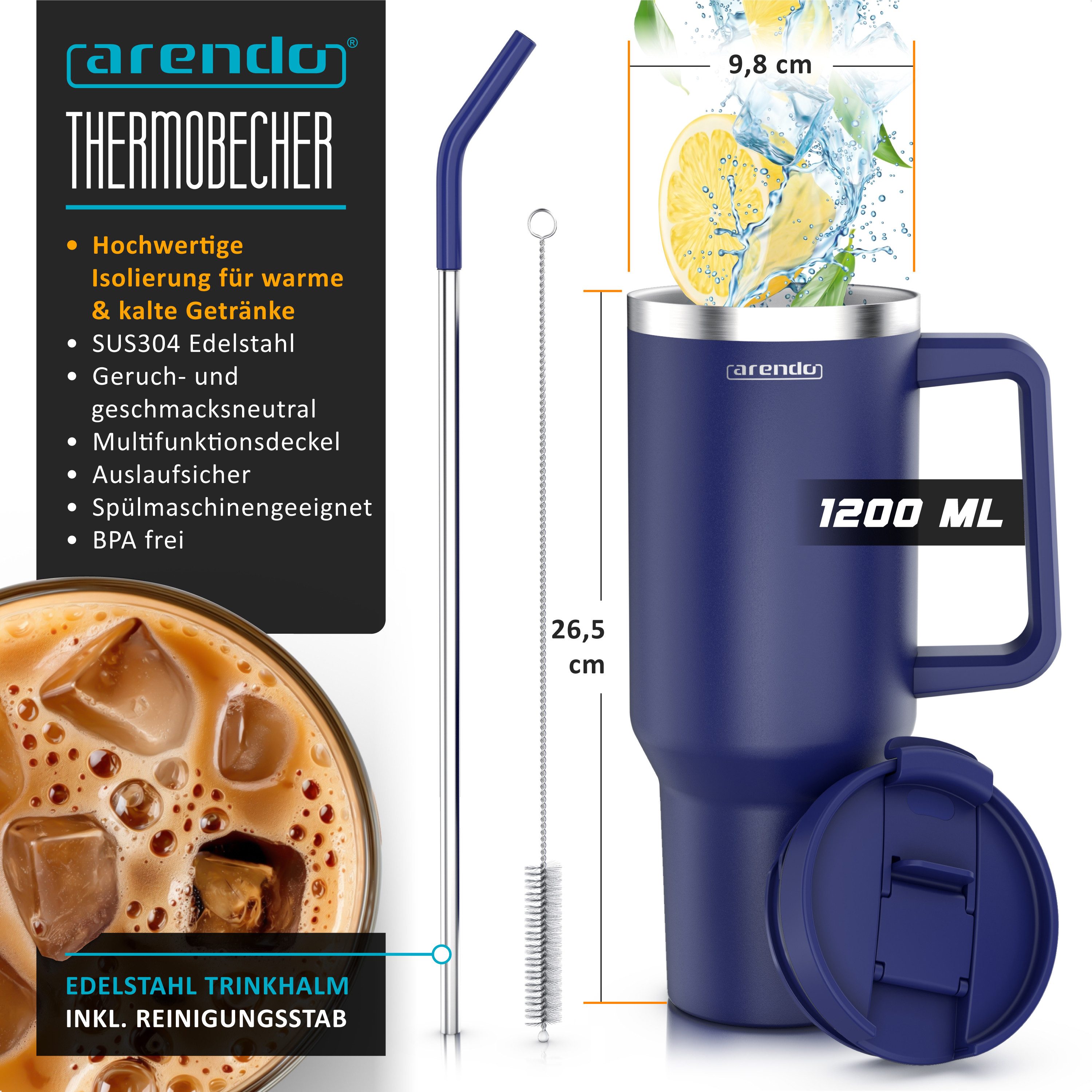 Arendo Thermobecher Tumbler 1200 ml, Becher mit Deckel, Henkel und Strohhalm, Thermal Mug, 4-tlg., Edelstahl, doppelwandig, Vakuumgehäuse aus Edelstahl, luftdichter Verschluss
