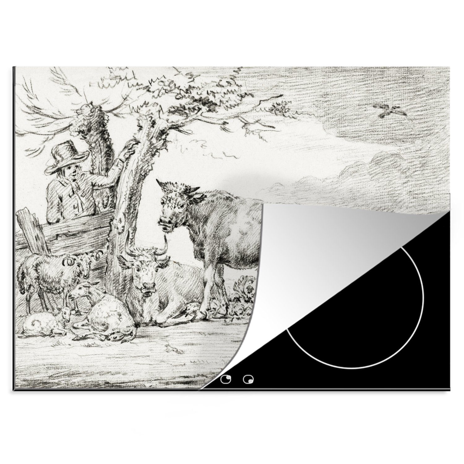 MuchoWow Herdblende-/Abdeckplatte Landwirt am Zaun und Kühe - Gemälde von Jean Bernard, Vinyl, (1 tlg), 70x52 cm, Mobile Arbeitsfläche nutzbar, Ceranfeldabdeckung