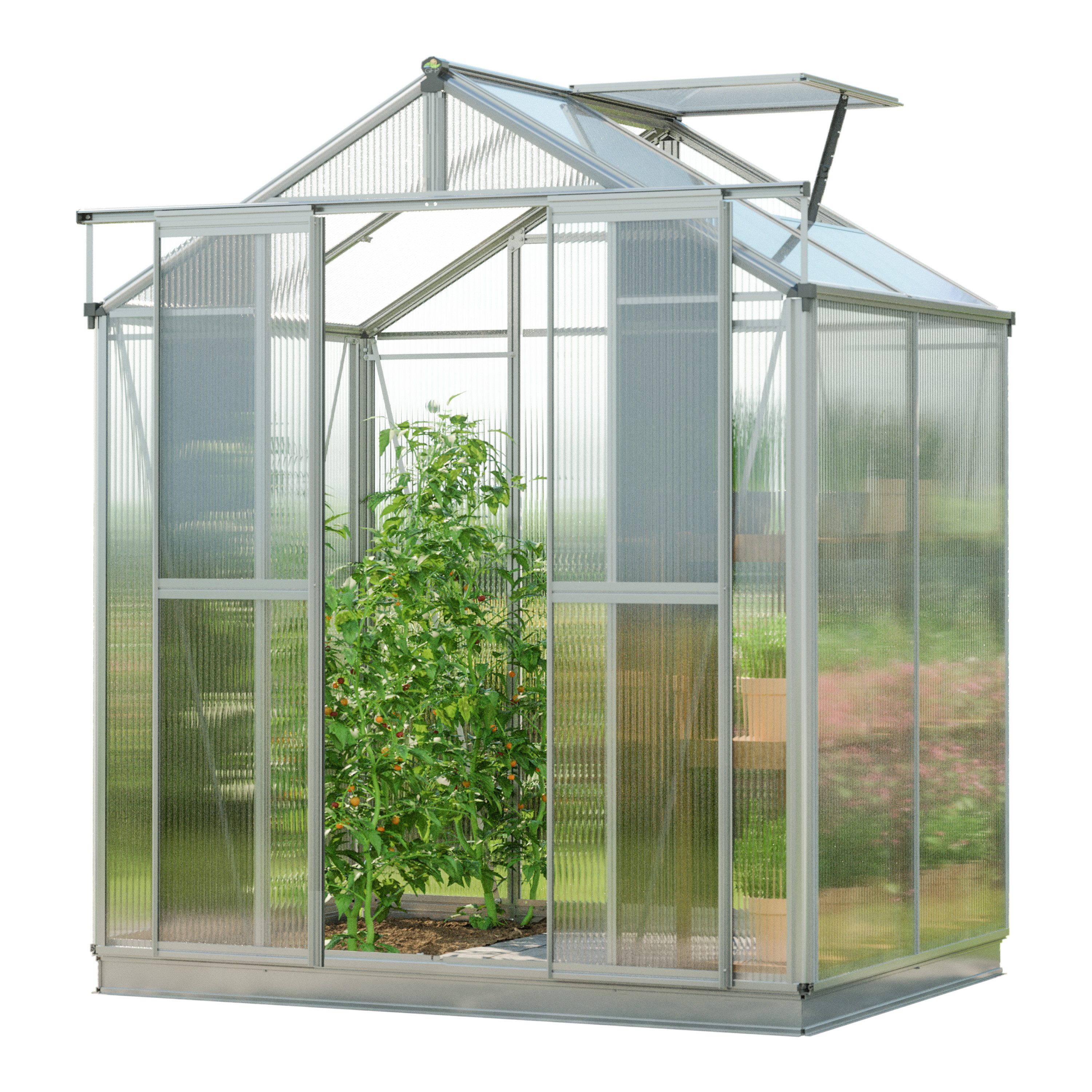 GFP Gewächshaus Picco 2 BxTxH 179 x 133 x 207 cm, 8 mm Wandstärke, inkl. Fundamentrahmen & 1 autom. Fensteröffner, Aluminium-Rahmen