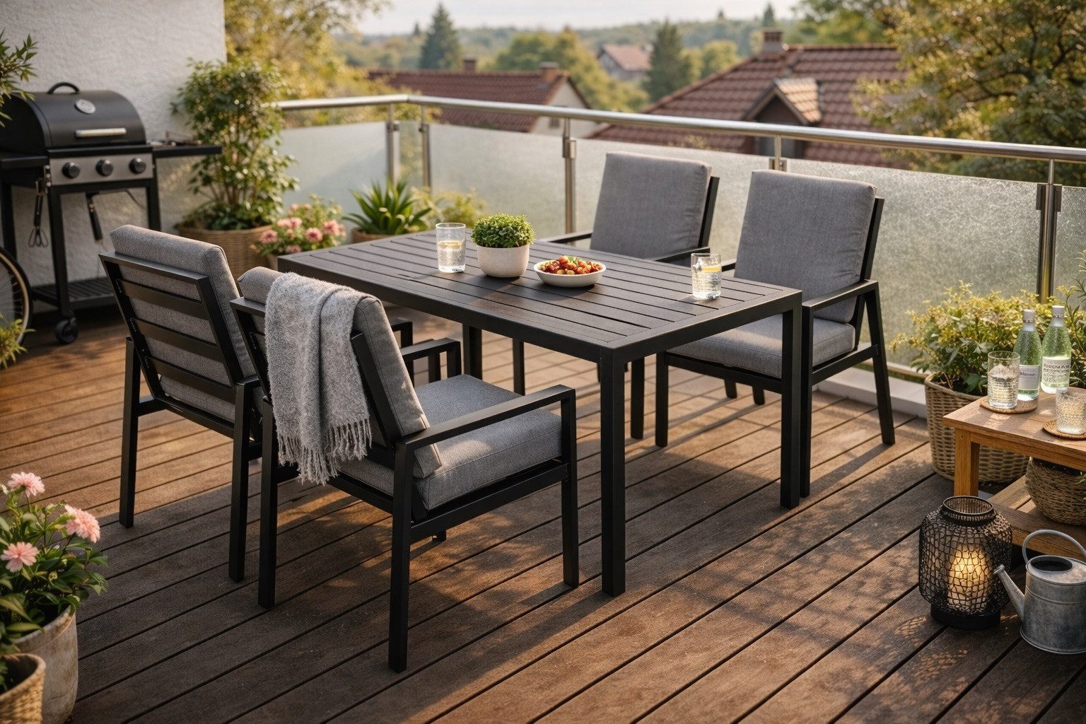 MeXo Gartenlounge-Set Gartenmöbel Set Aluminium Outdoor, (Garten-Essgruppe für 4 Personen, 5-tlg., mit Polywood Tisch & Auflagen), wetterfest für Terrasse & Garten