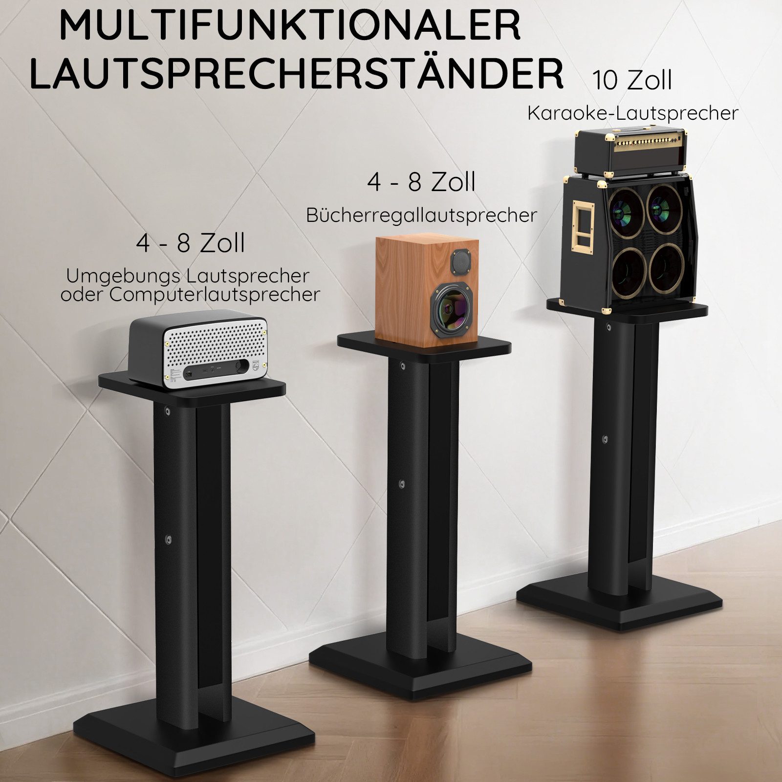 XIIW Lautsprecherständer 2er Holz Boxenständer 65-85cm Lautsprecher Ständer je 20 kg, (bis 10 Zoll, für Satelliten Surround Sound Boxen Schwarz, Universal Regallautsprecher für Heimkino Studio)