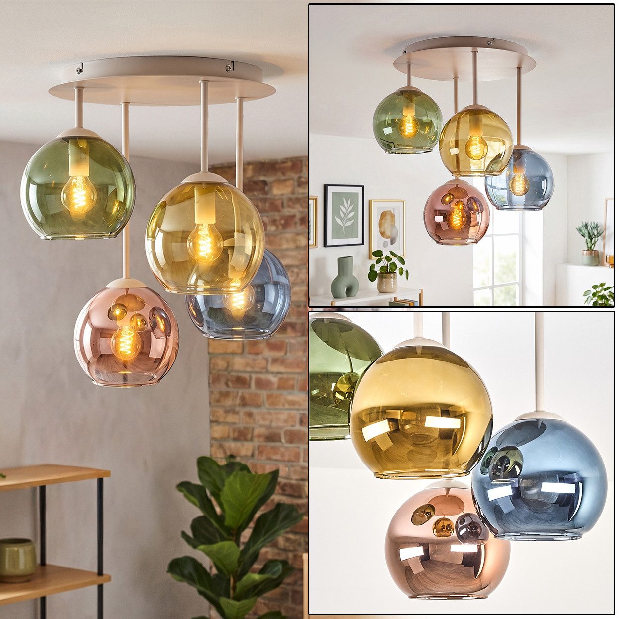 hofstein Deckenleuchte Deckenlampe aus Metall/Glas in Sand/Weiß/Blau/Grün/Gold/Kupferfarben, moderne Deckenleuchte im Retro/Vintage-Design, 4 x E14