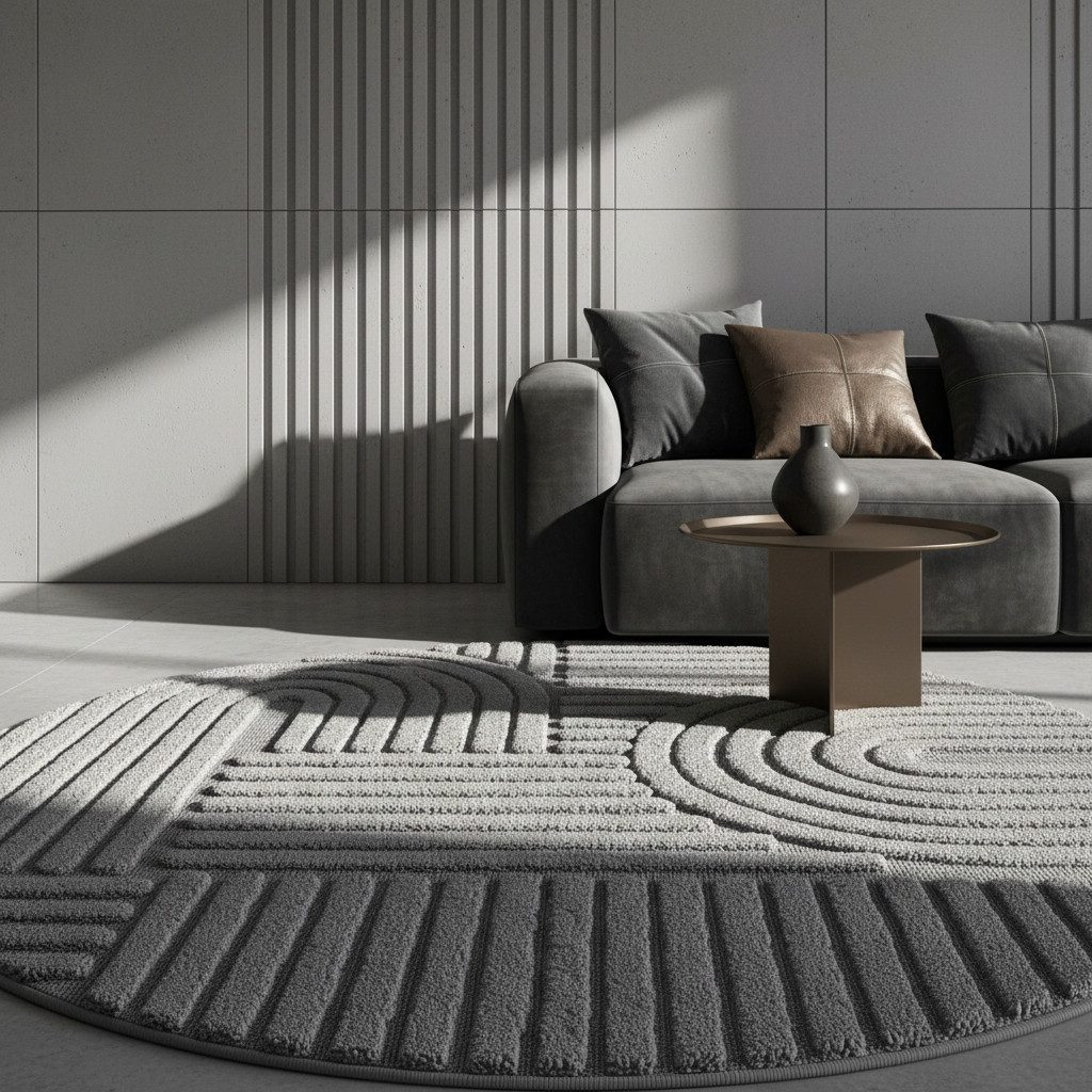 KADIMA DESIGN Teppich RIGI Hoch-Tief 3D-Effekt Wohnzimmer Schlafzimmer Waschbar Boho, Rund, Höhe: 10 mm, Silber, 80x80 cm, Wohnzimmerteppich Strapazierfähig Waschbar