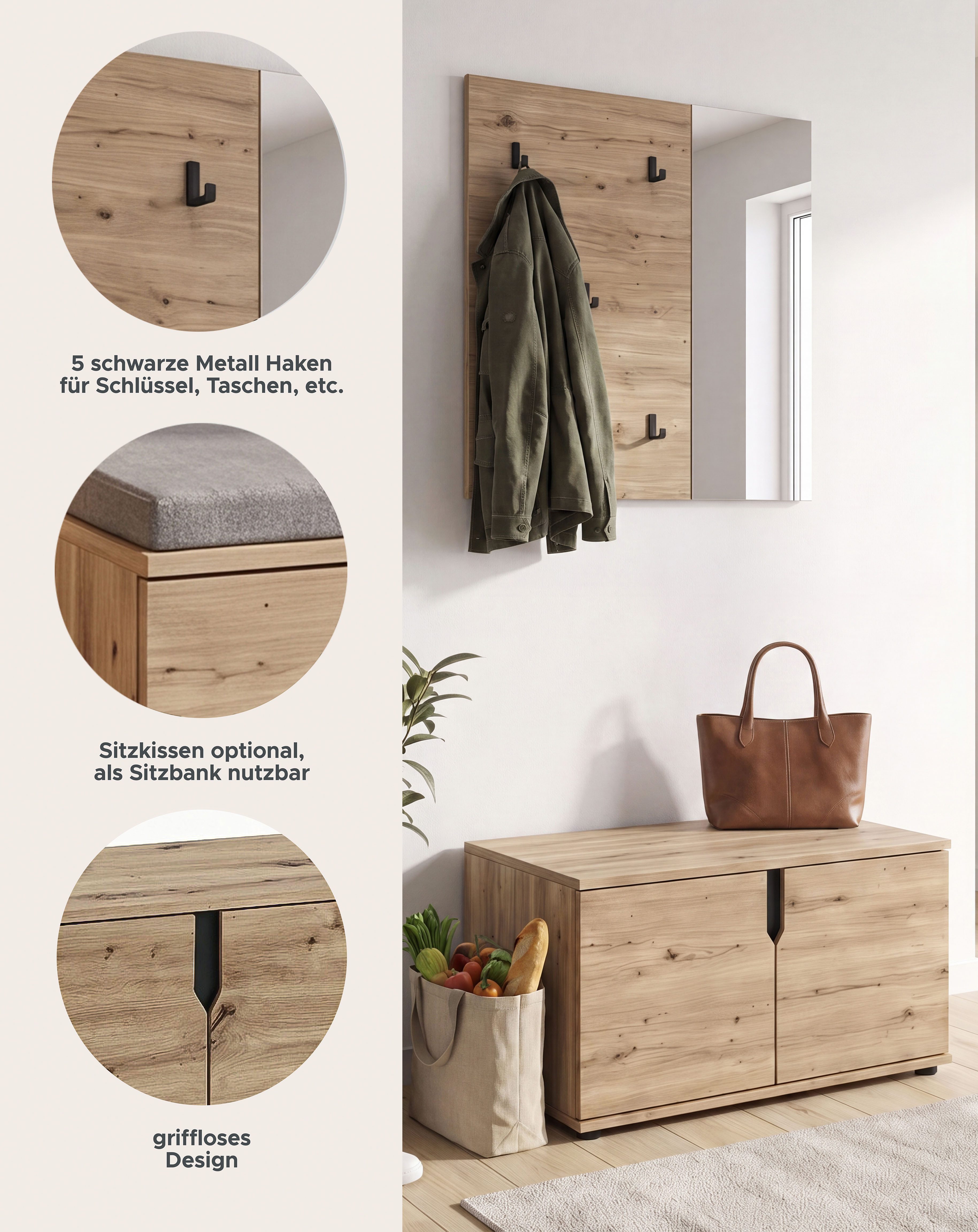 OTTO home Garderoben-Set FJELL, Breite 80cm, 2-teilige Kombination best. aus: Sitzbank & Paneel, (hochwertig verarbeitete Materialien und pflegeleichte Oberflächen), Garderobenkombination, Kombination, Set, Garderobe, Flurgarderobe