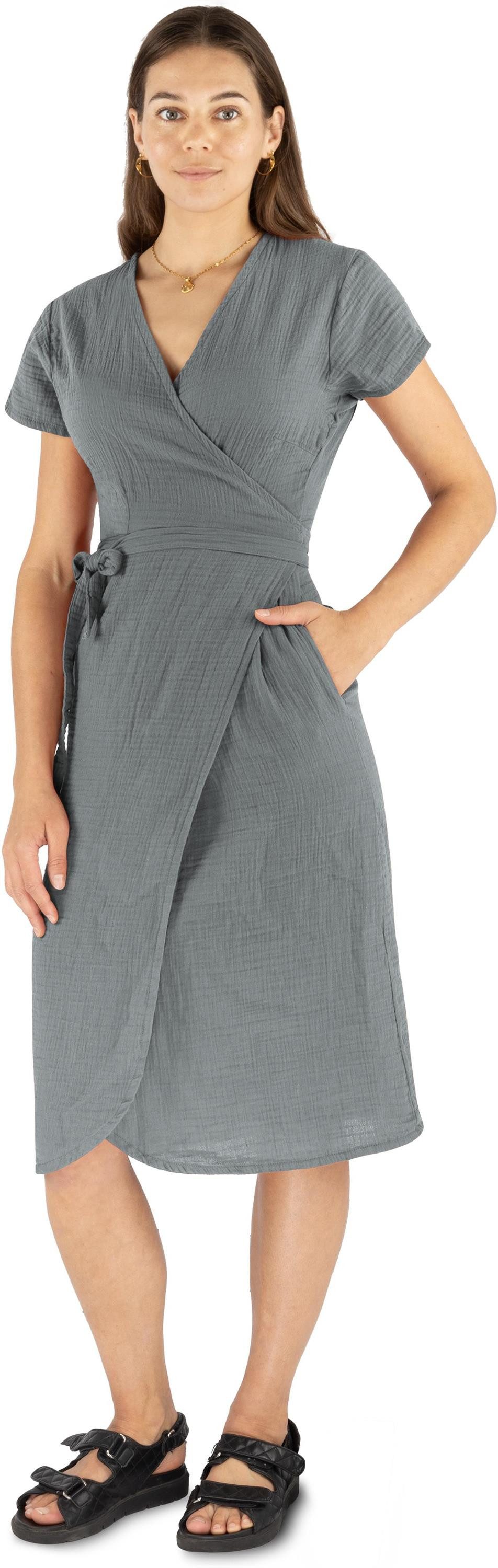 Janice Midikleid Musselin Kleid Chadies Sommerkleid mit Bindeband V-Ausschnitt