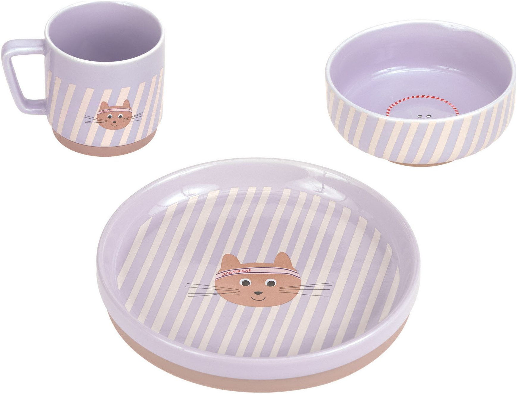 LÄSSIG Kindergeschirr-Set Tiny Team Cat (3-tlg), Porzellan, Silikon, mit Silikonring