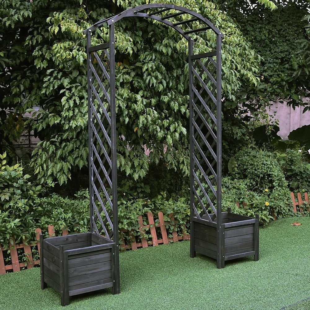 Feel2Home Rosenbogen Rosenbogen Schwarz + Blumenkübel Spalier Rankhilfe Gitter Holz Pergola Stück, 1 St., Rosenbogen mit 2 x Blumenkübeln aus Holz schwarz, Rosenbogen mit 2 x Blumenkübeln