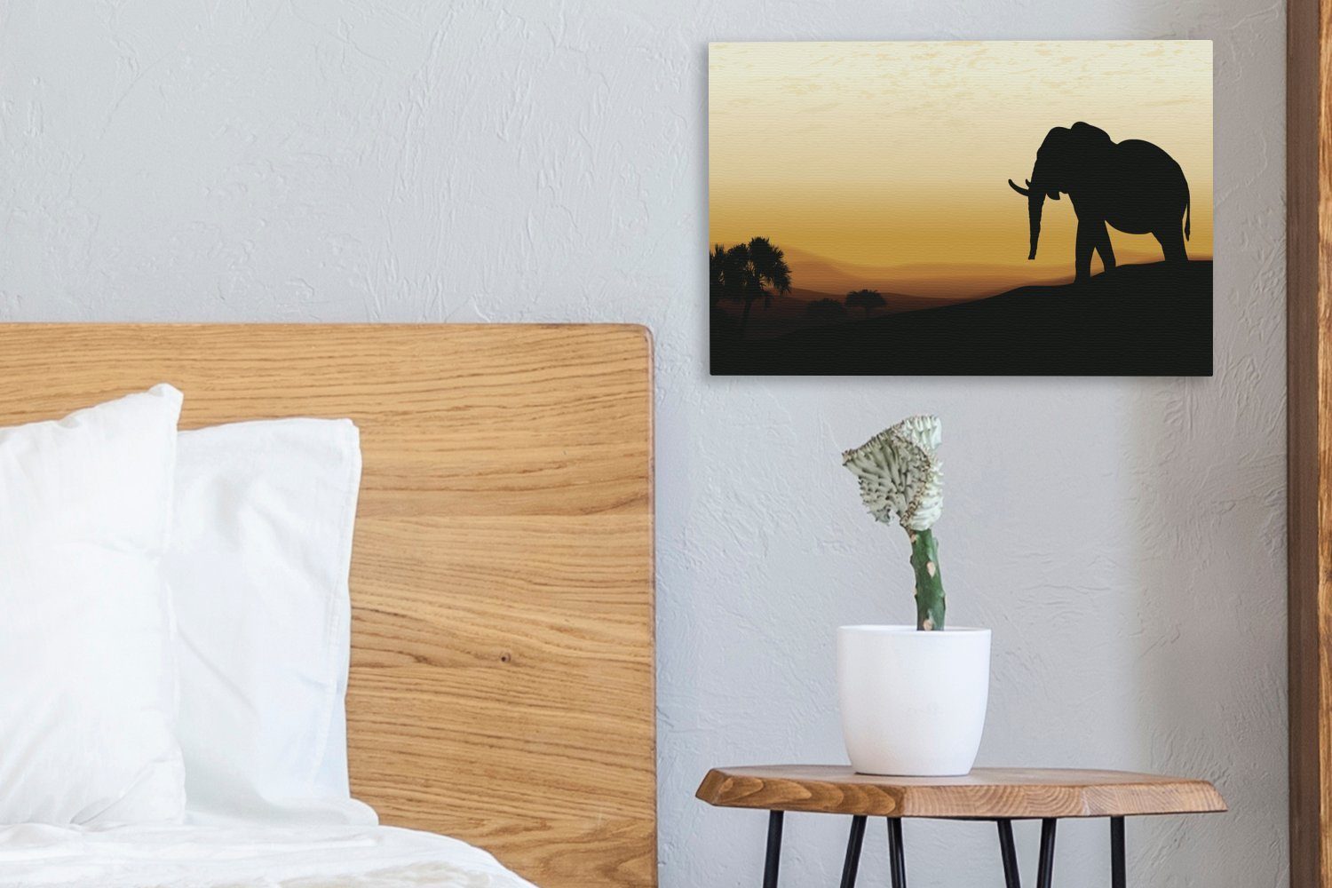 afrikanischen Leinwandbild Sonnenuntergang, Leinwandbilder, Wanddeko, (1 Elefanten eines Illustration Eine bei Wandbild Aufhängefertig, 30x20 St), OneMillionCanvasses® cm