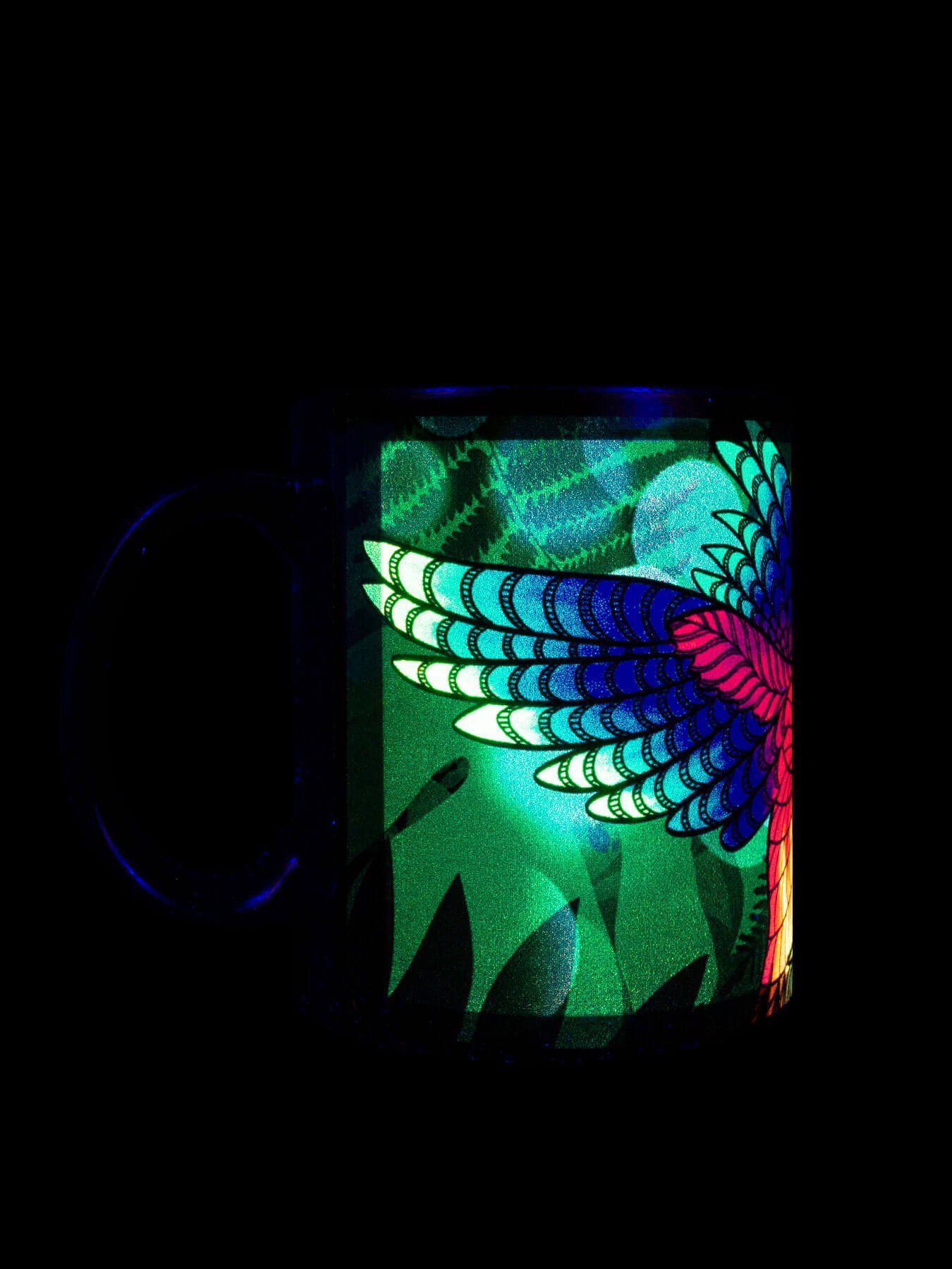 Hibiskus Neon PSYWORK Cup leuchtet Keramik, Tasse "Kolibri Tasse Flower", Motiv Schwarzlicht unter UV-aktiv, Fluo
