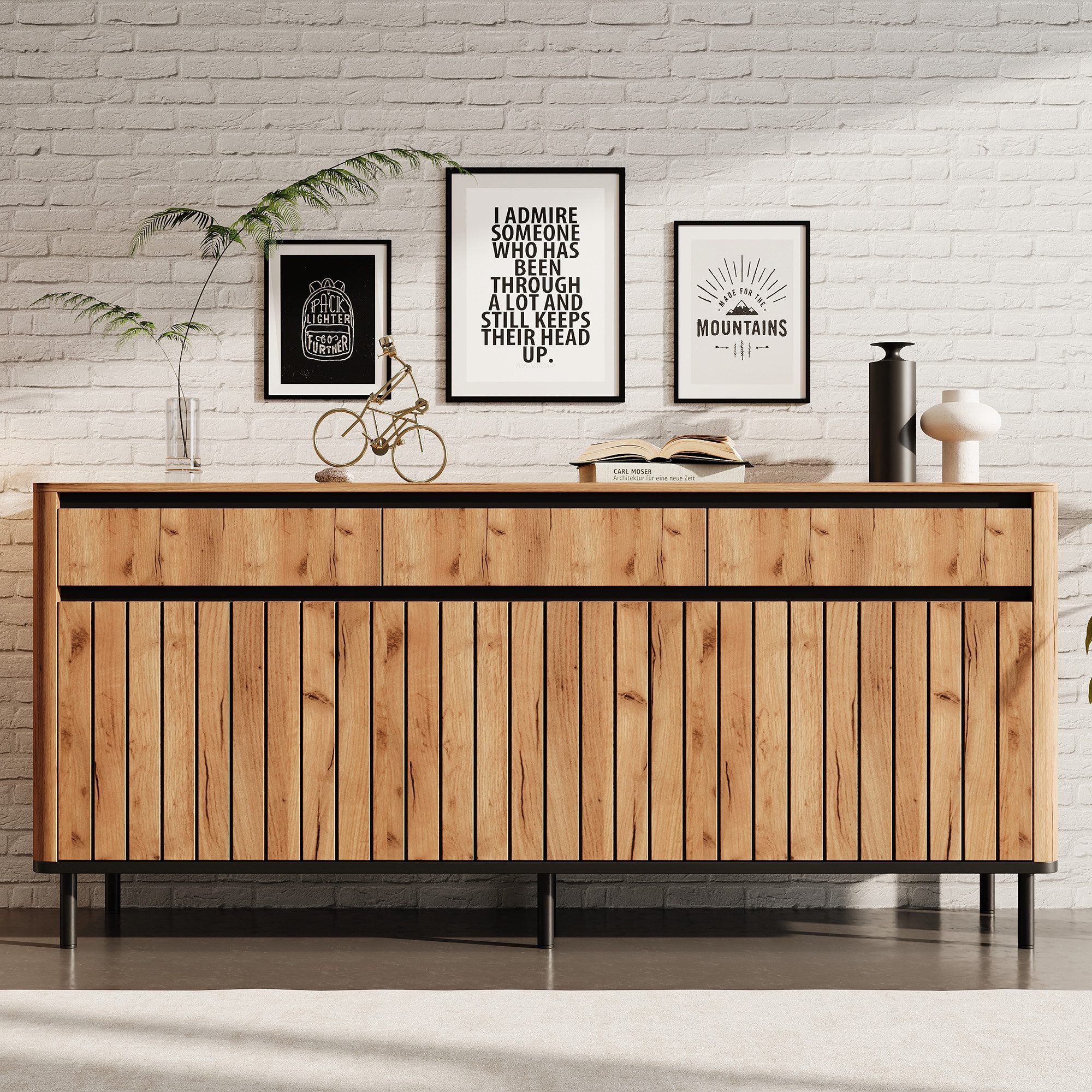 KLAM HOME Sideboard Eichenoptik Sideboard mit 3 Schubladen und Lamellentüren (160cm TV-Schrank MDF mit Metallfüßen bis 30kg belastbar), Sichere Wohnkommode mit abgerundeten Kanten & Stauraum
