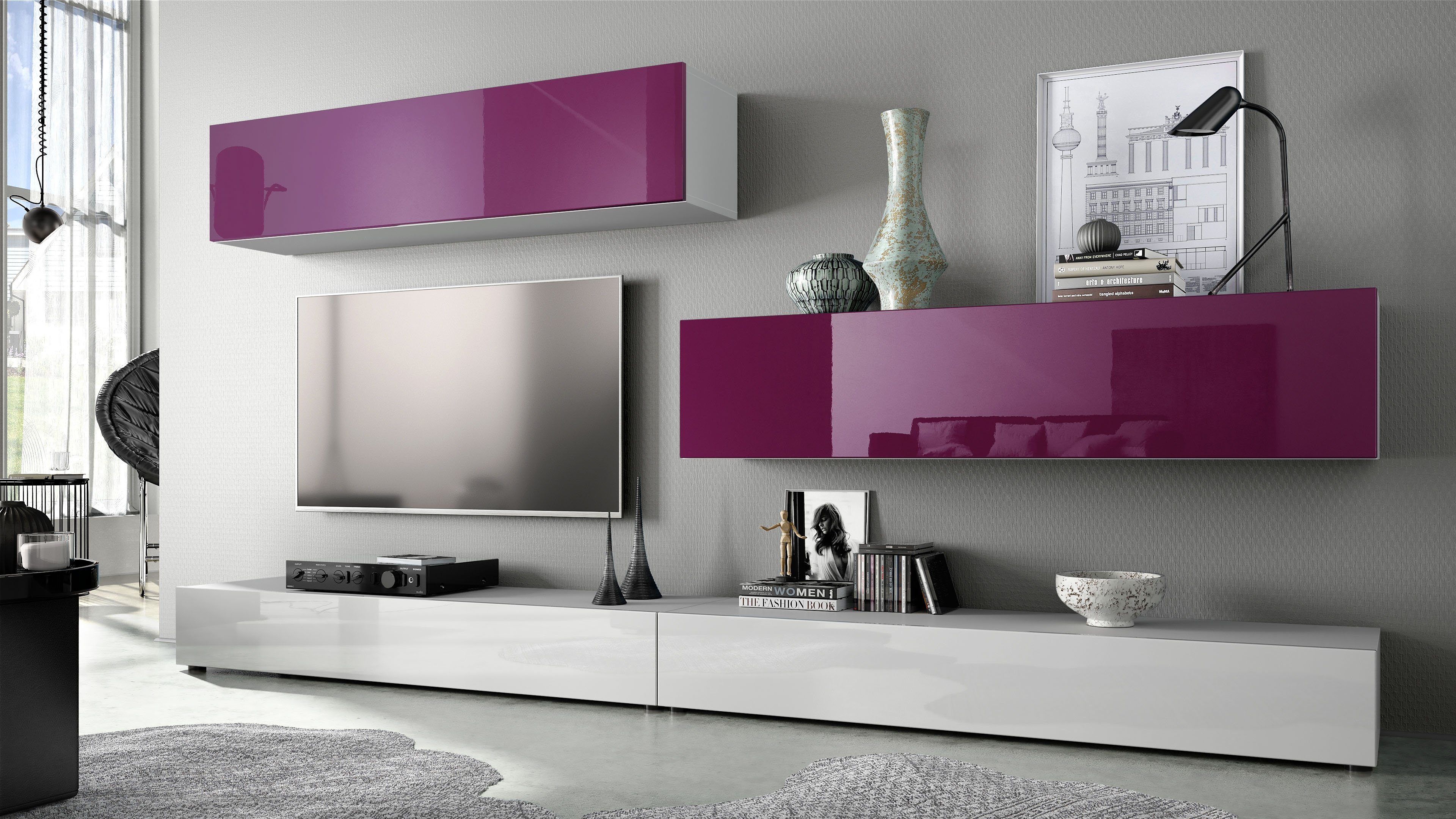 Vladon Wohnwand Nublo, (Anbauwand, mit Rückwand mit 2 Klappen und 2 Sockelelementen), Korpus Weiß matt, Weiß glänzend/Brombeer glänzend (280x147x39 cm)