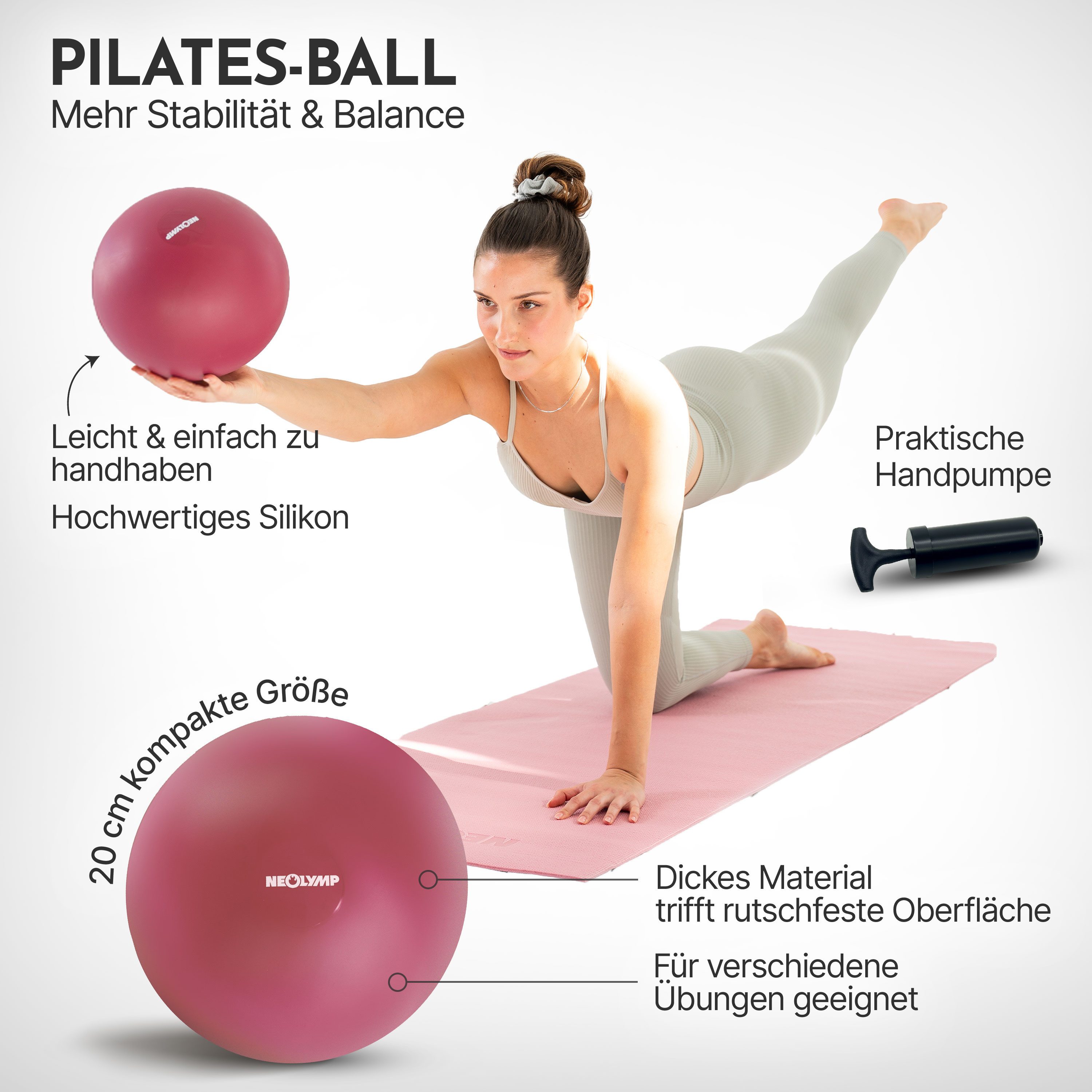 NEOLYMP Pilatesball Pilatesball 20 cm - rutschfester Pilates Ball inkl. Pumpe (Kompakter Exercise Ball für Yoga & Physiotherapie inkl. E-Book), Mini Gymnastikball aus Silikon für Core-Training, Balance, Pilates