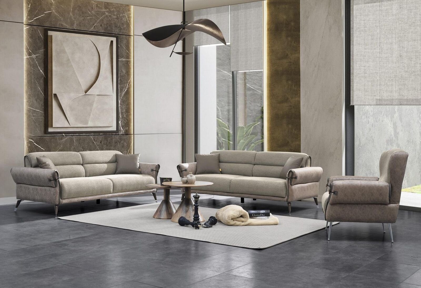 Sessel), 3tlg Luxus Europa 2x Wohnzimmer Made JVmoebel Wohnzimmer-Set (3-St., in Sofa, Sessel, Set Dreisitzer Sofa 2x Einrichtung