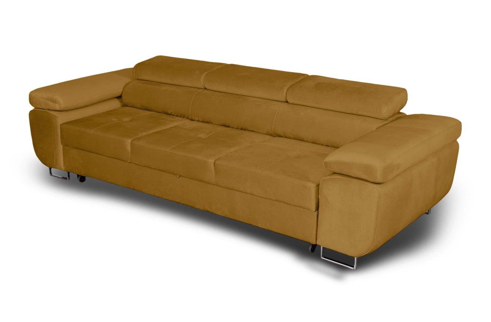 Stil, (monolith Schlaffunktion Couch senfgelb Schlafsofa Kopfstütze, Verstellbare 48) mit Beautysofa Dreisitzer modernen Schlafsofa