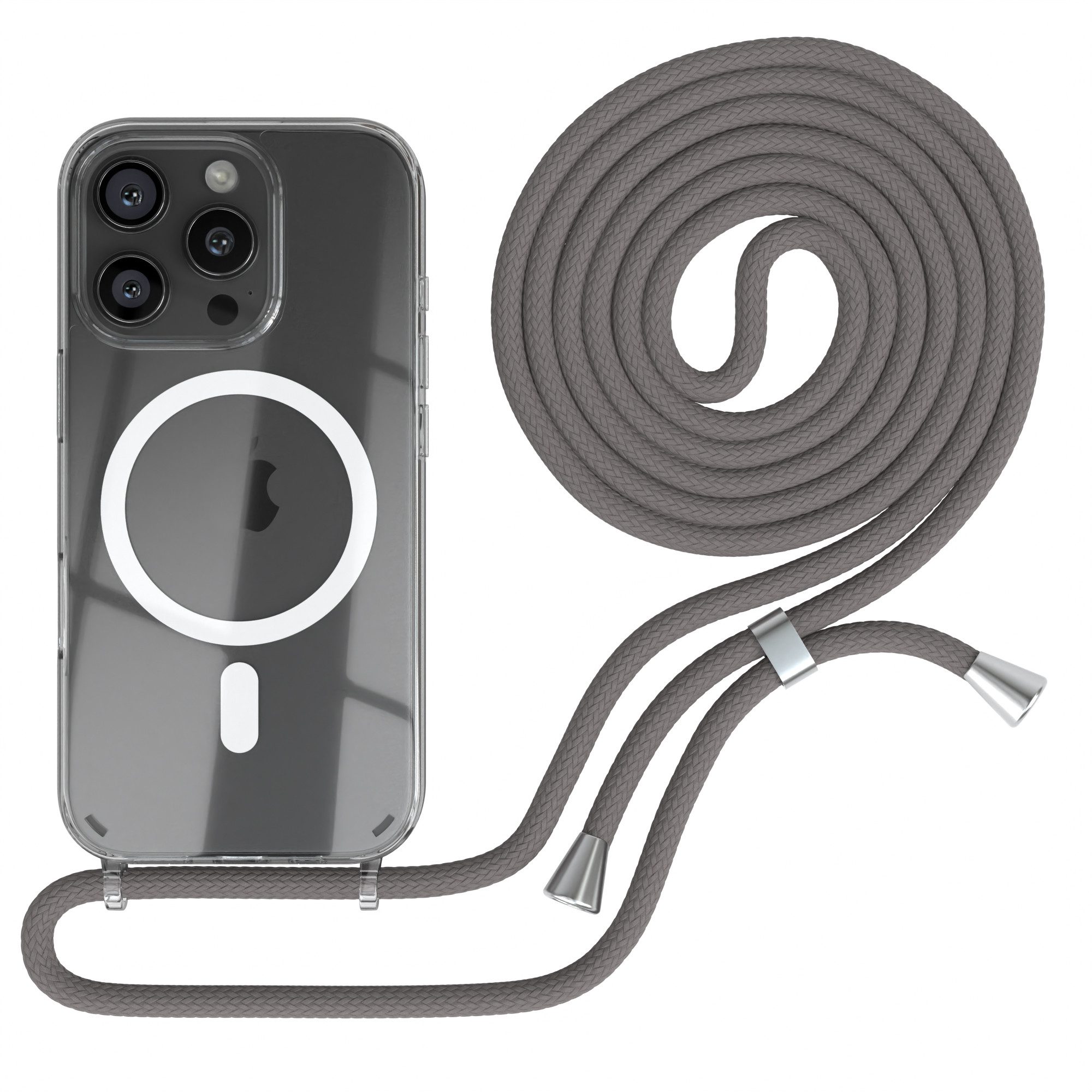 EAZY CASE Handykette mit Magsafe Hülle für Apple iPhone 16 Pro 6,3 Zoll, Umhängetasche für Handy Silikoncase Handyhülle durchsichtig Dunkelgrau