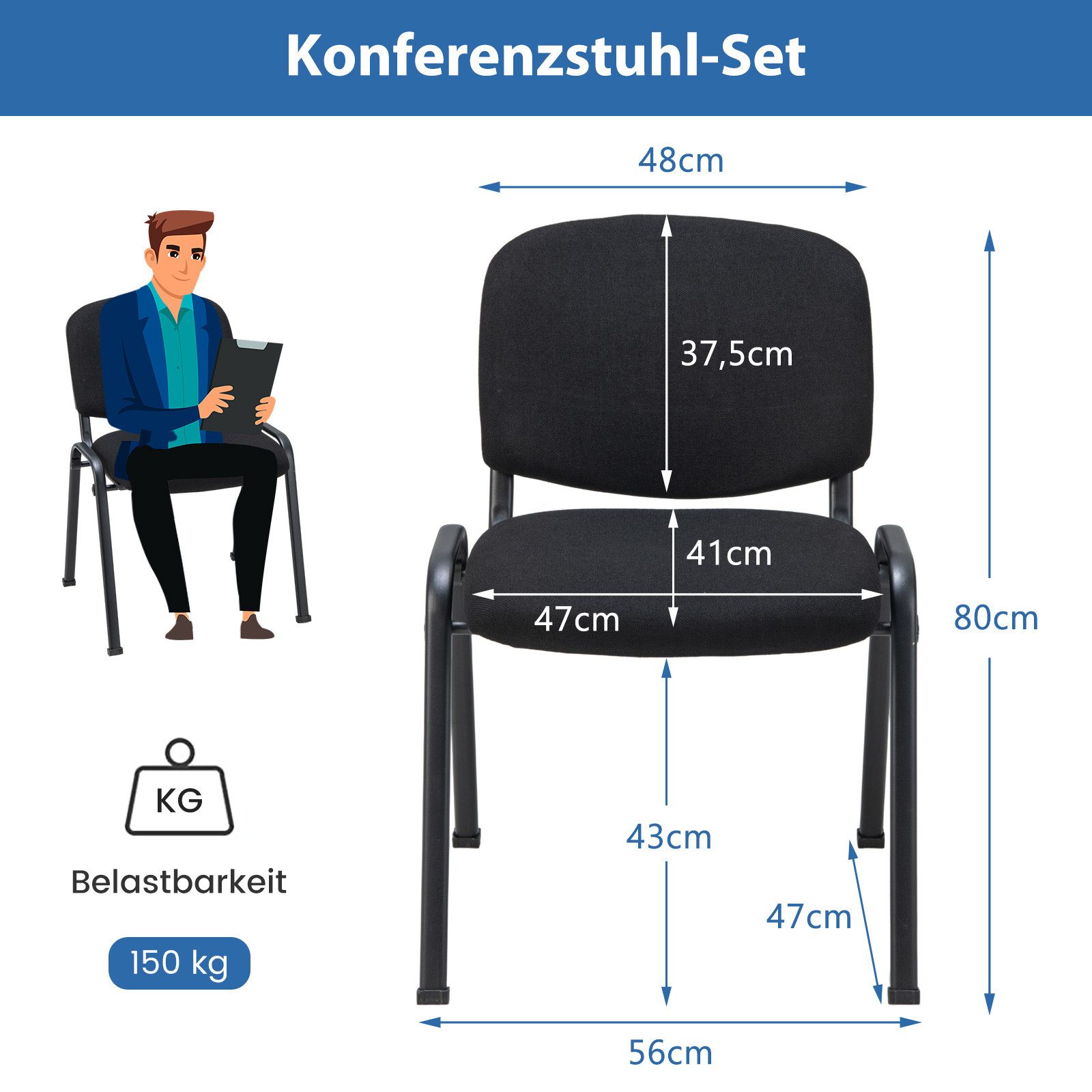 COSTWAY Besucherstuhl, 5er, ohne Armlehnen, bis 150kg, stapelbar, 56x61x80cm