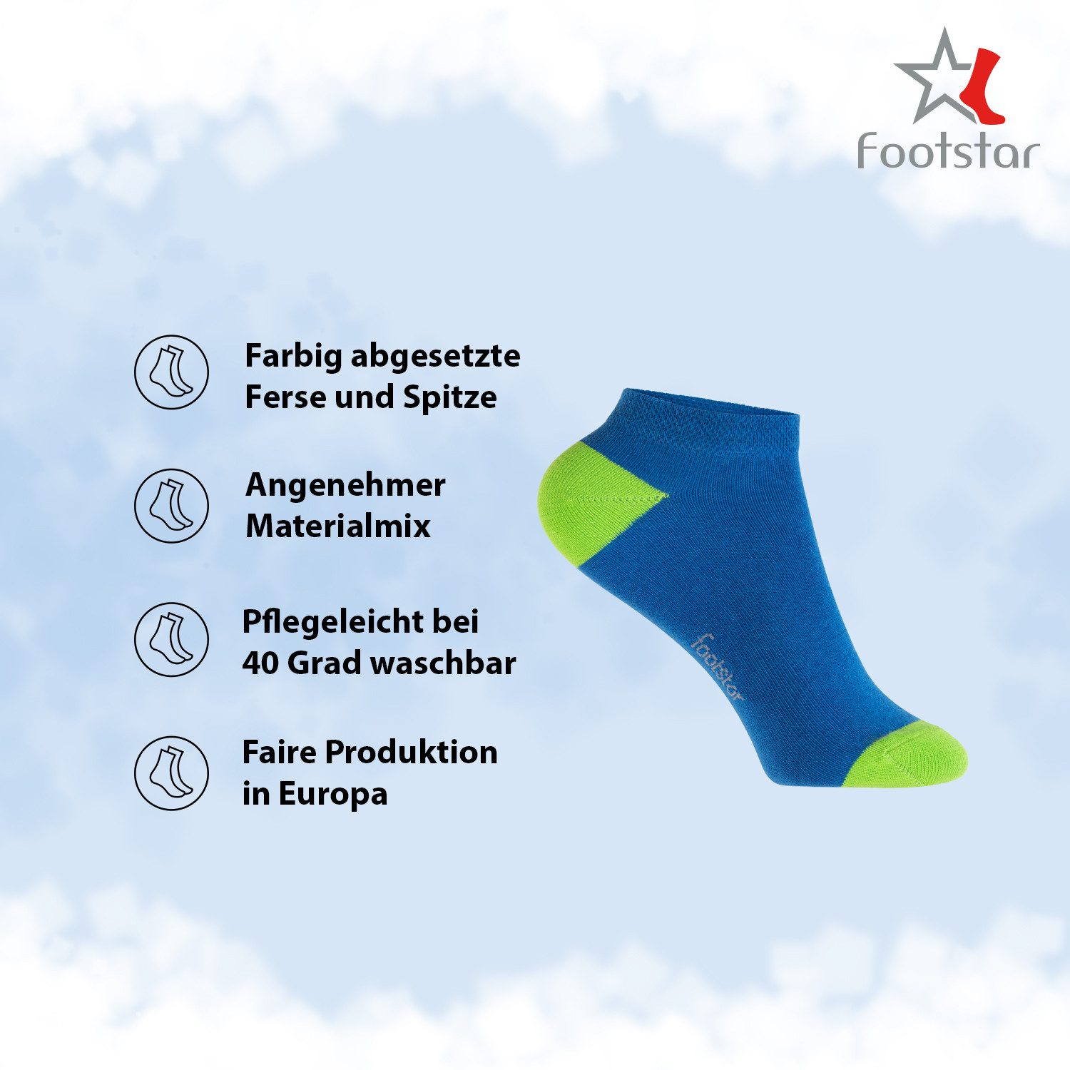 Footstar Sneakersocken Kinder Sneaker Socken (10 Paar) Ferse/Spitze farbig (10-Paar)
